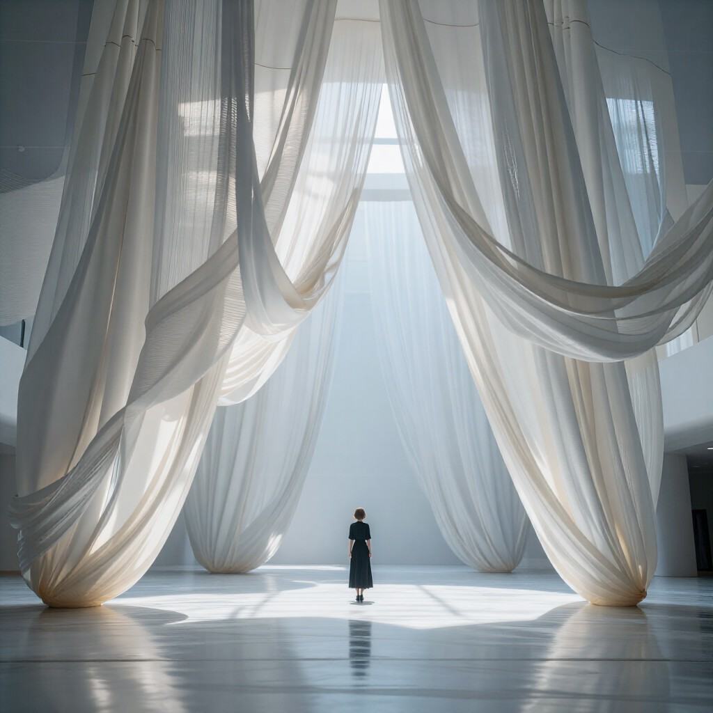A lone figure in a black dress stands in a vast,  minimalist architectural space draped with translucent,  flowing white f...