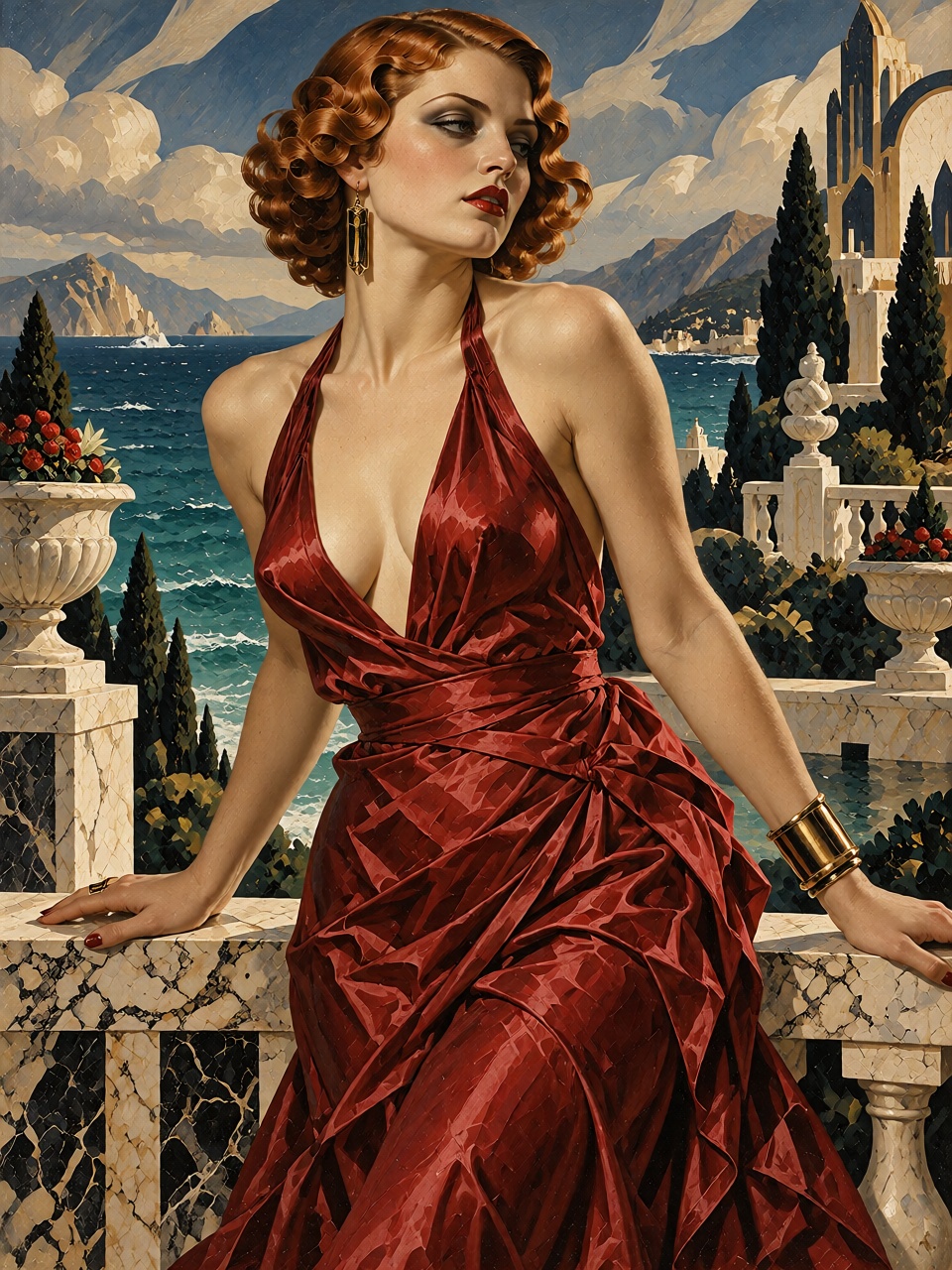 A mysterious red-haired woman wearing a flowing crimson silk dress standing on a marble balcony overlooking the Mediterran...