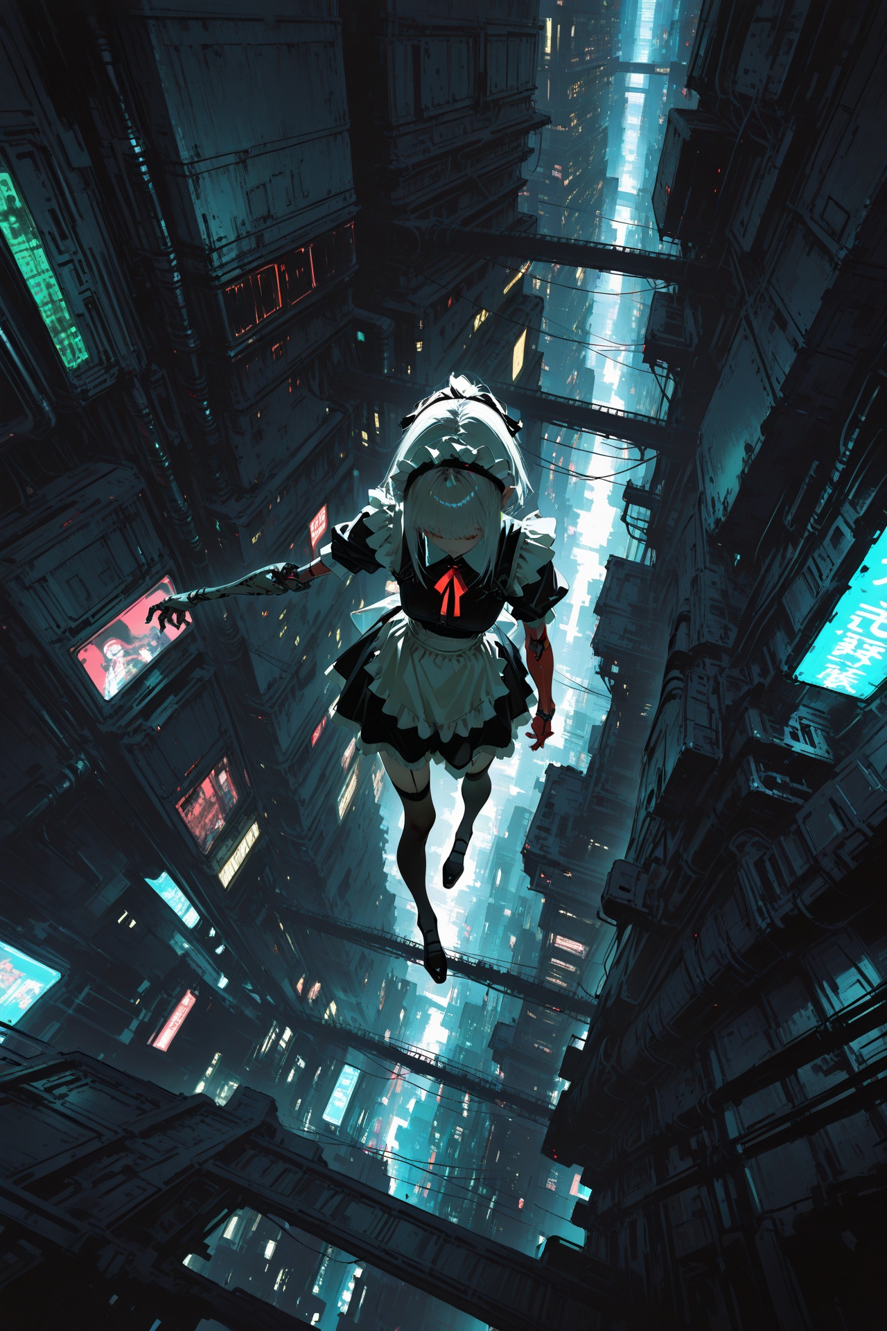 masterpiece,(dino_(dinoartforame):0.5),(yoneyama mai:0.5),from_above,scenery,city,1girl,cyberpunk,steaechanical arm,maid,black_thighhighs,cowbody_shot,