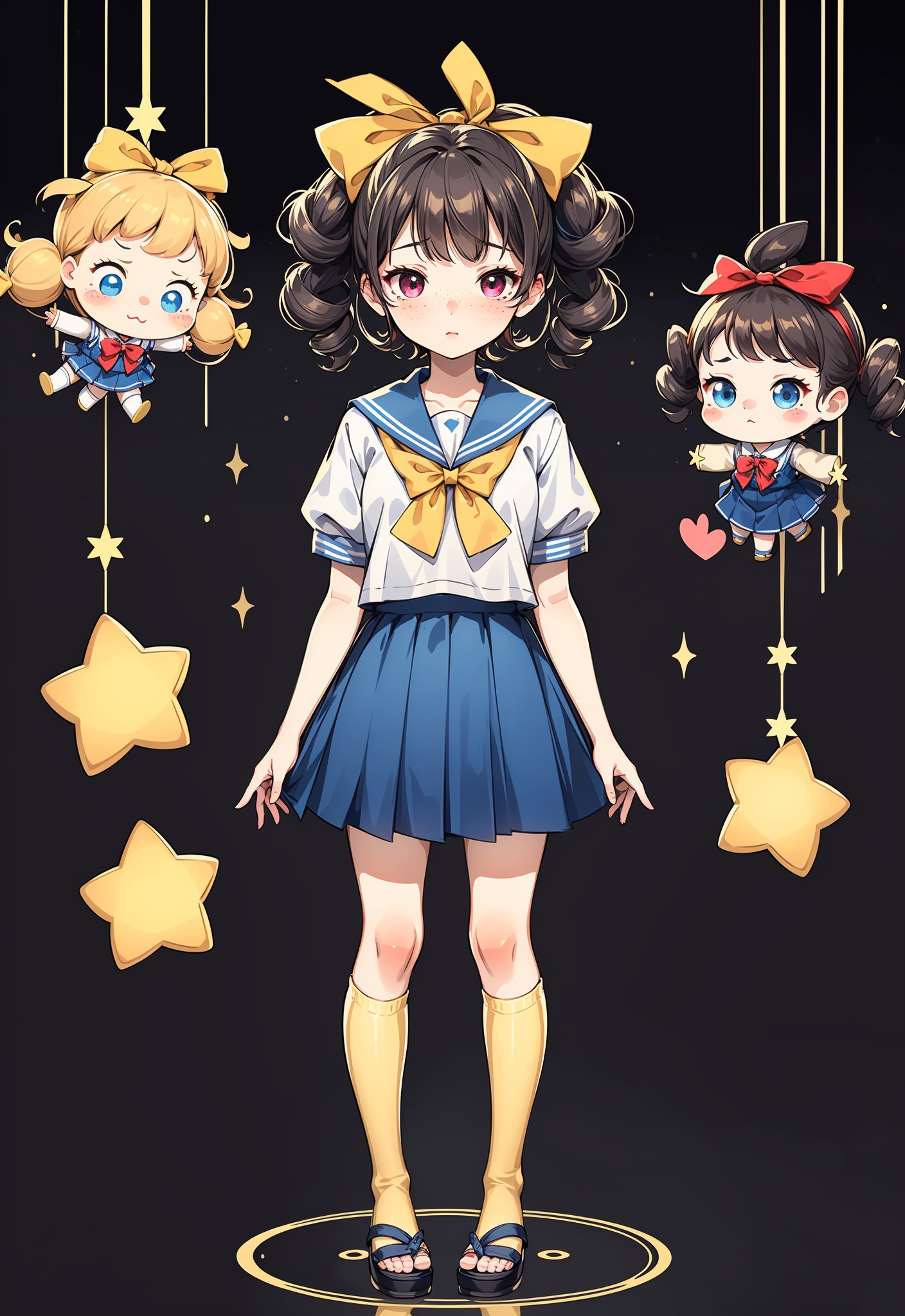 1girl, curly hair, bow, school uniform, concerned expression, plush toy, doll, heart shapes, freckles, standing pose, blush, knee socks, schoolgirl outfit, ribbon, sandals, yellow and blue clothing, decorative stars