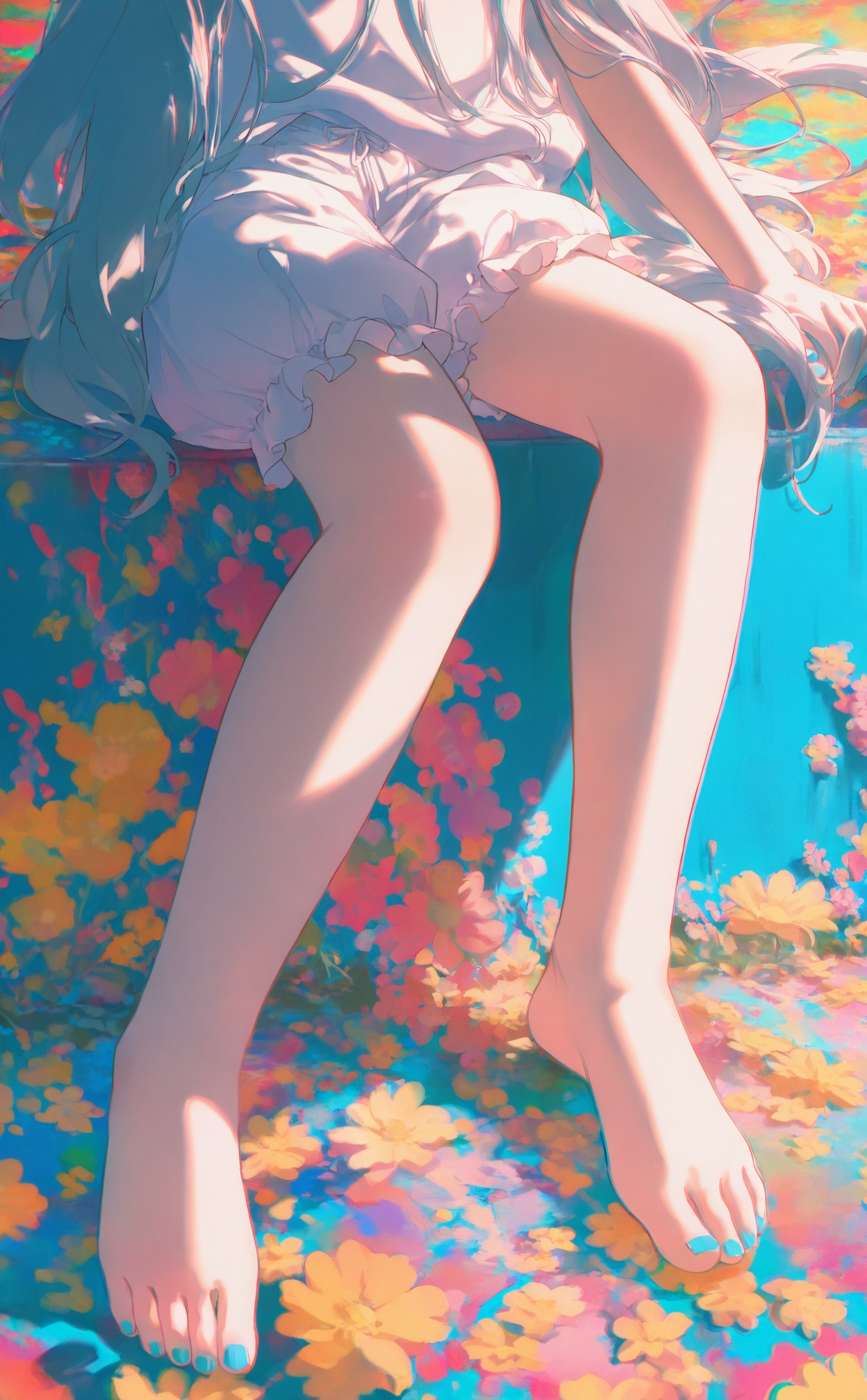 masterpiece,very aware,highres,absurdres,newest,best quality,loli,petite,high quality,chromatic_aberration,//,illustration,ultra detailed,hdr,Depth of field,(colorful),Yellow flowers,Blue wall,Closed windows,1girl,nail_polish,toenail_polish,barefoot,blue_nails,toenails,bloomers,solo,aqua_nails,feet,sitting,long_hair,linen hair,bare legs,barefoot,bare legs,sit on the ground,//,<lora:konya_karasue——【noob】hans:0.8>,