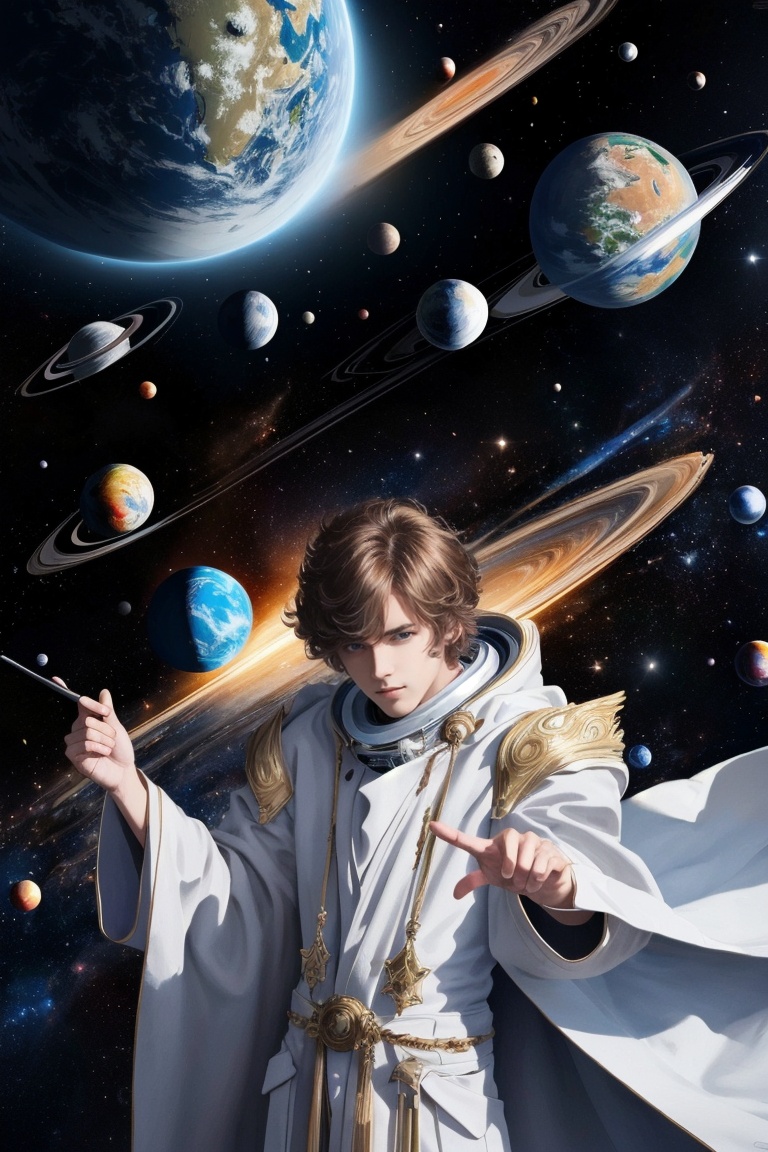 ((HRD, HUD, 8K)),((masterpiece, best quality)), highly detailed,CosmicStarrySky, planet, space, earth (planet), 1boy, solo, white robe, magician, holding, artist name, signature, looking at viewer, upper body, ﻿ <lora:20240520-1716210668481:0.8>