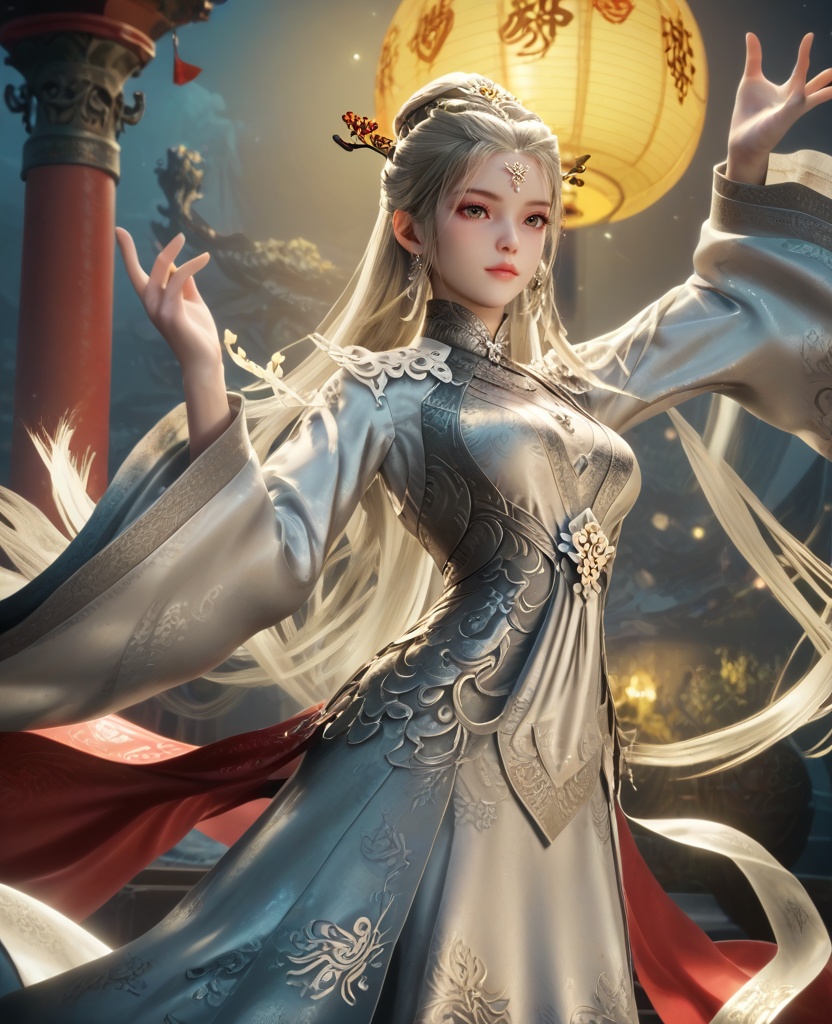 (oriental architecture, elegant decor, sophisticated style:1.1),(dancing,flamenco pose:1.1),(breasts:1.2),<lora:XL16牧神记神女关白骨神女:0.95>,miss shennv,solo,white gown with floral print,forehead jewelry,white hair,very long hair,traditional chinese updo with long cascading hair,hair ornament,wide flowing sleeves,sash,, score_9,score_8_up,score_7_up,score_6_up,score_5_up,score_4_up,3d rendering,tag1,tag2, Cinematic Lighting,backlighting,