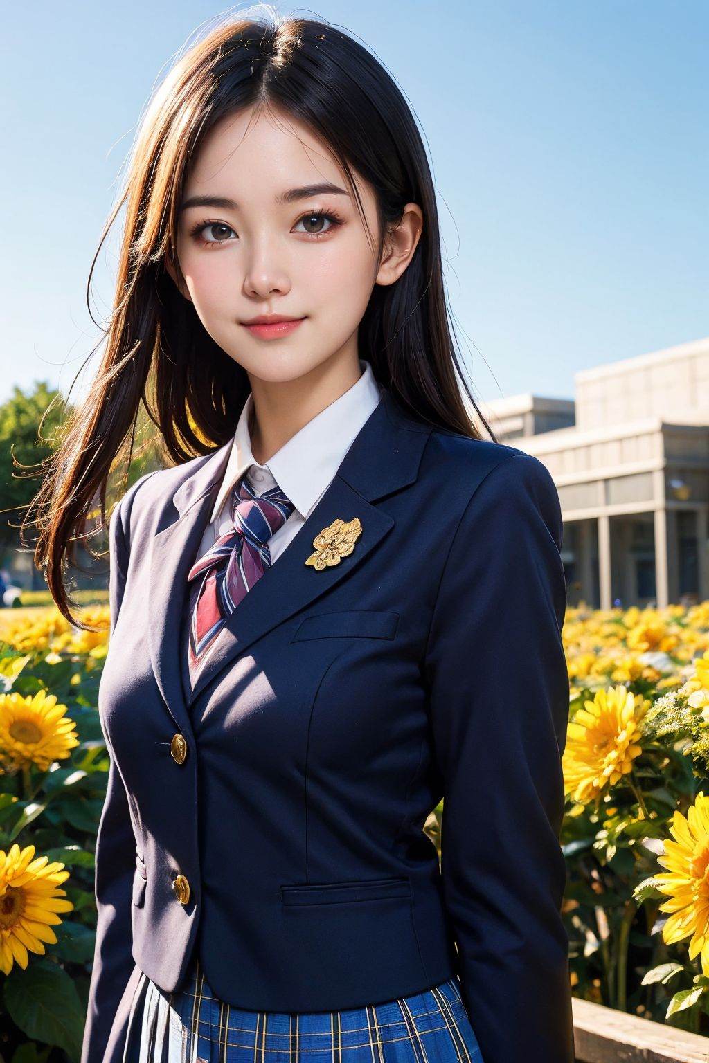 1girl, solo, sky, flower, closed mouth, looking at viewer, upper body, school uniform, skirt, smirk,