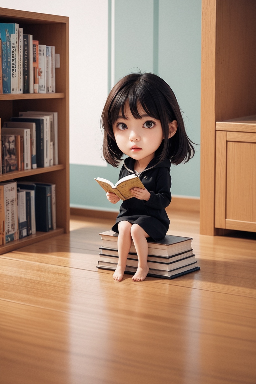 1girl,full body,indoors,reading book,chibi