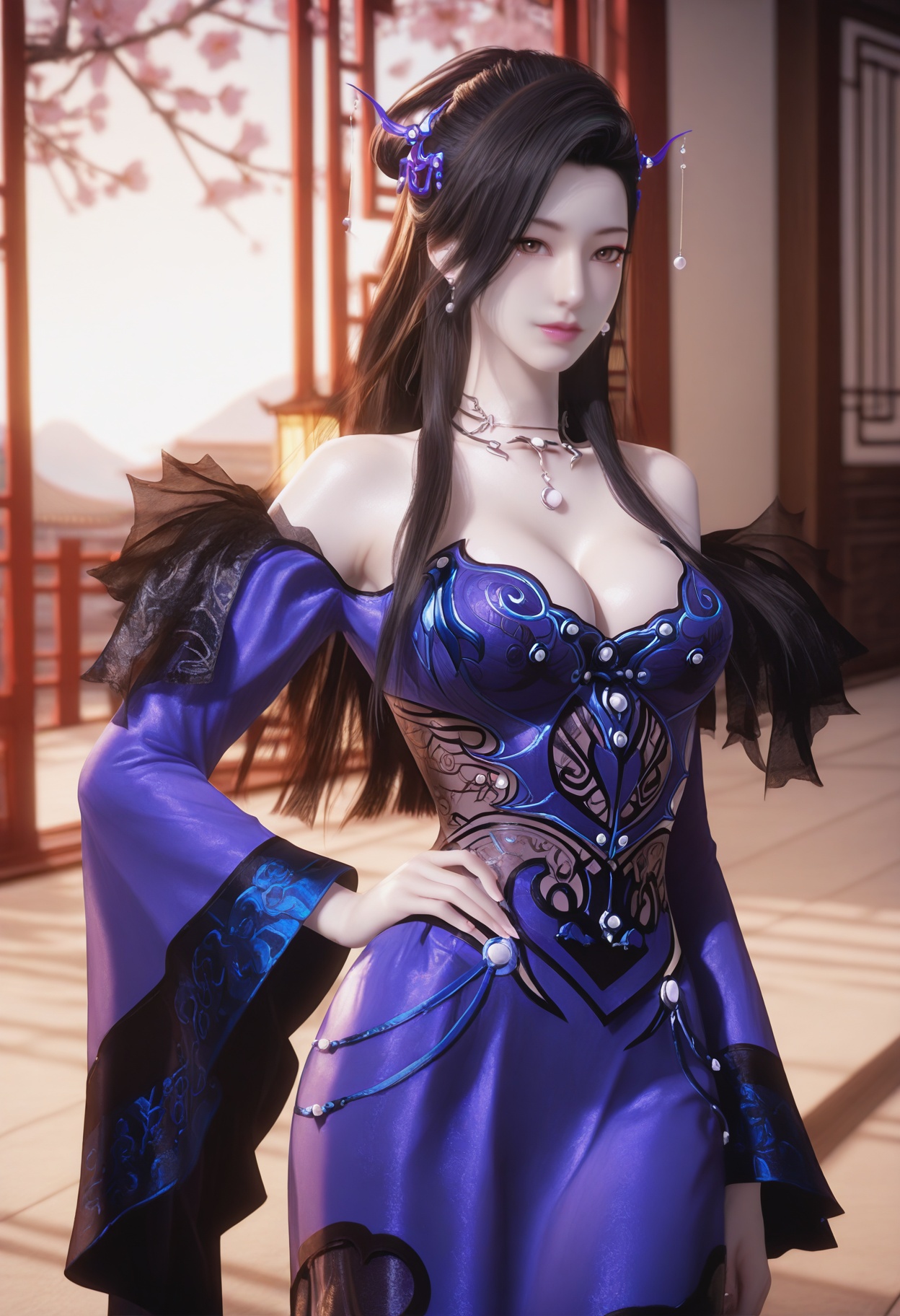 Chao_nvyao,1girl,black hair,hair ornament,jewelry,long hair,earrings,bare shoulders,cleavage,necklace,makeup,brown eyes,<lora:Chao_nvyao_5_illu-000016:0.75>,dress,purple dress,blue dress,detached sleeves,wide sleeves,photorealistic,hyperrealistic,<lora:realistic filter [IL]:1>,(pale skin0.5),looking at viewer,standing,hands on hip,lantern,open window,looking at viewer,indoors,mountains,blossoms,flowers,east asian architecture,beautiful sunrise,warm ambient temperature,