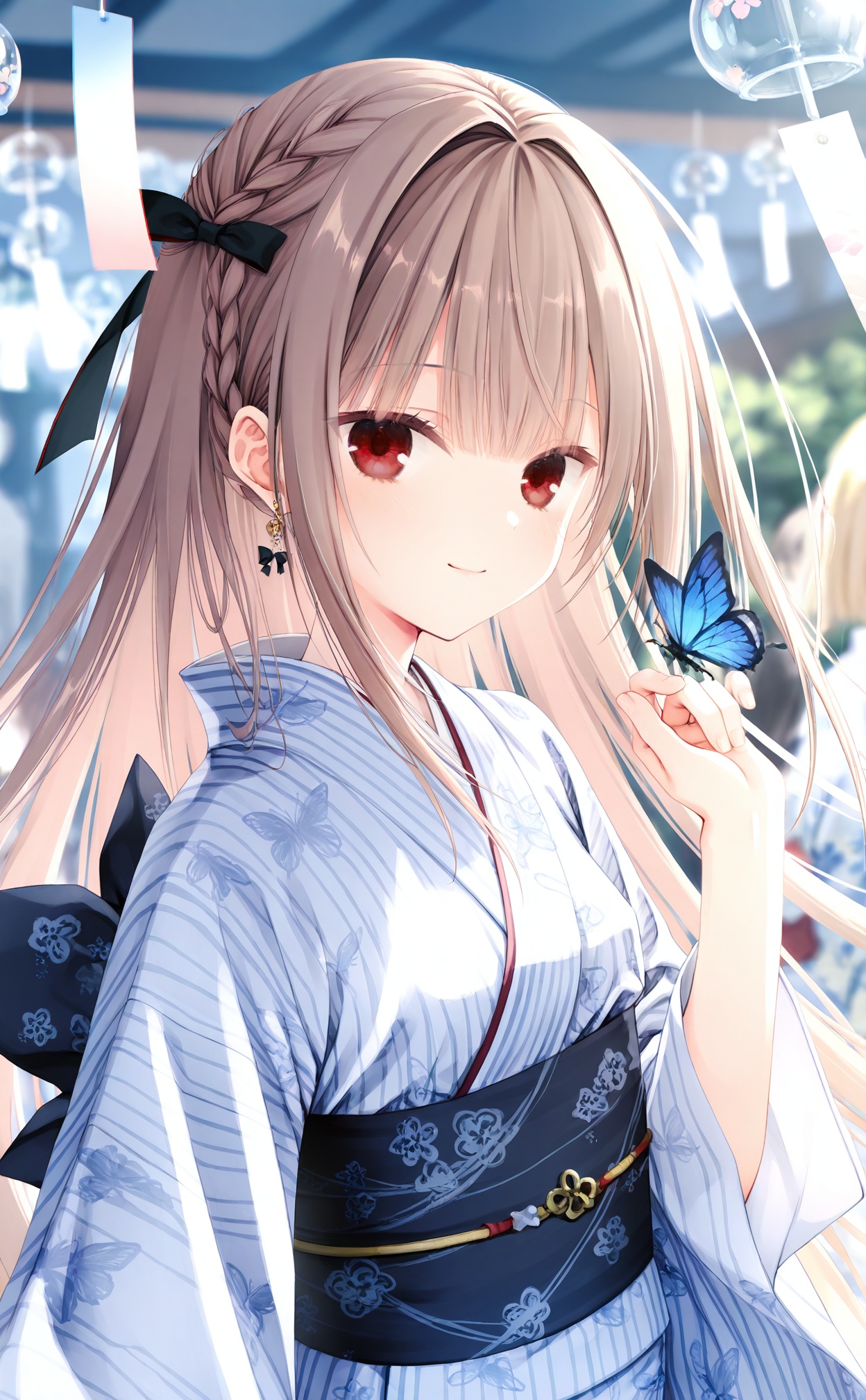 masterpiece,very aware,highres,absurdres,newest,best quality,high quality,loli,petite,chromatic_aberration,Light Blue Theme,lens_flare,//,1girl,japanese clothes,kimono,blue butterfly,solo,butterfly,earrings,bug,jewelry,long hair,floral print,braid,sash,blue eyes,looking at viewer,obi,smile,upper body,white hair,white kimono,closed mouth,wind chime,bow,wide sleeves,hand up,long sleeves,hair bow,print kimono,blunt bangs,black bow,breasts,blush,butterfly print,colored eyelashes,sidelocks,tassel,fingernails,yukata,//,(artist:konya_karasue:1.2),(momomoi_momoi:1),Artist:inugami kira,Artist:kobuichi,Artist:muririn,(artist:chen bin:1.1),(quasarcake:0.2),(rurudo:0.9),(honjou raita,lack,rella,wanke:0.3),(nakamura_regura:0.4),(yoneyama mai:0.3),//,official art,depth of field,detailed light,blurry background,best shadow,shiny skin,cinematic lighting,ray tracing,amazing quality,very aesthetic,absurdres,beast quality,ultra detailed,newest,8K,HDR,