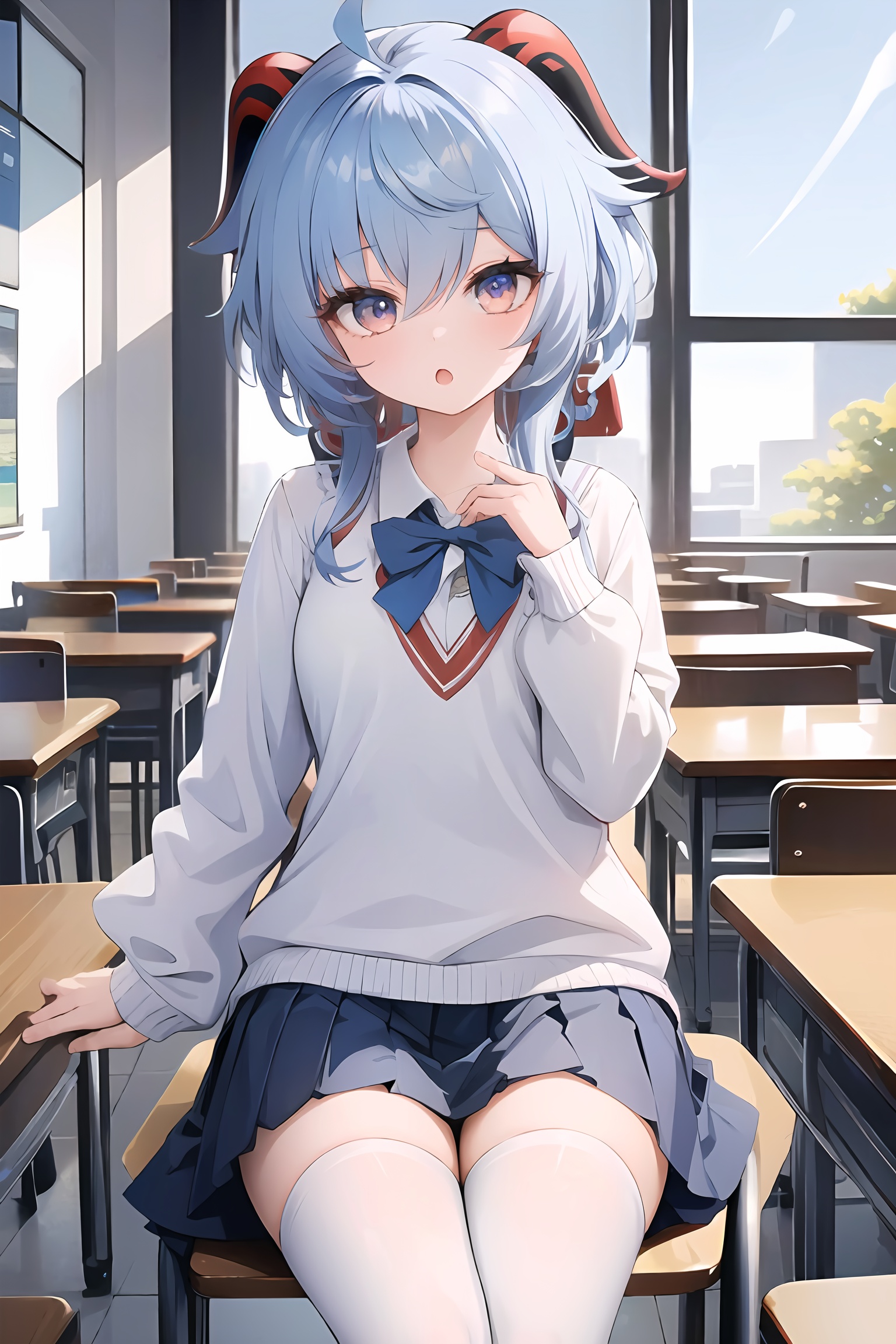 (masterpiece, best quality:1.2),insanely detailed,absurdres,ultra-highres,ultra-detailed,best quality,slender,kawaii,perfect symmetrical face,ultra cute girl,ultra cute face,ultra detailed eyes,ultra cute,ultra beautifu,<lora:ganyu_all-000001:0.8>,day,classroom,ganyu \(genshin impact\),1girl,solo,looking at viewer,school uniform,white thighhighs,:o,sitting,