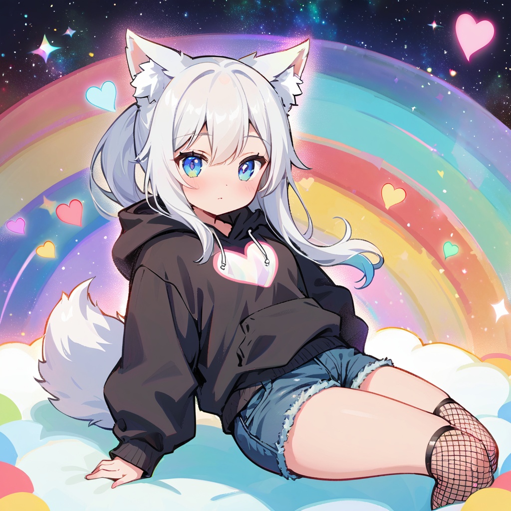 a cute ***** girl with wolf ears,long white hair,long locks,has a wolf tail,wearing a loose cropped oversized black hoodie,wearing a pair of denim short shorts and fishnet stockings,thick thighs,wide hips,relaxing on mound of fluffy multi colored kawaii plushies,short,very slim,showing slender tummy,heart on hoodie,squishy thighs,has glowing blue eyes. alone,solo (ALONE)(SOLO),surrounded by rainbows,colorful galaxy backround,