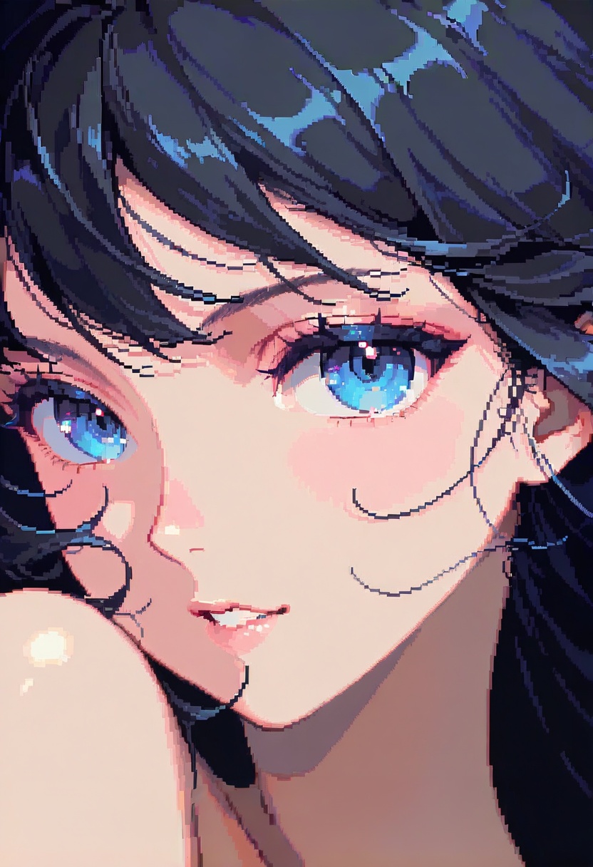 dpa,pixel art, 1girl, solo, looking at viewer, black hair, portrait, bangs, blue eyes
