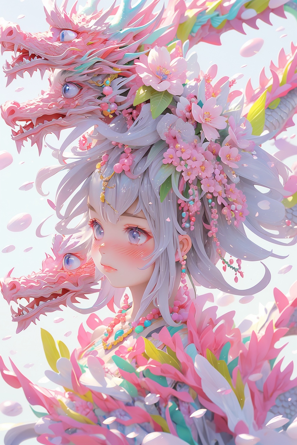 1girl, solo, hair accessory, flower, blush, dragon, hair flower, petals, eyelashes, beads, shut up, jewelry, gray eyes, necklace, candy color, candy color dragon, upper body