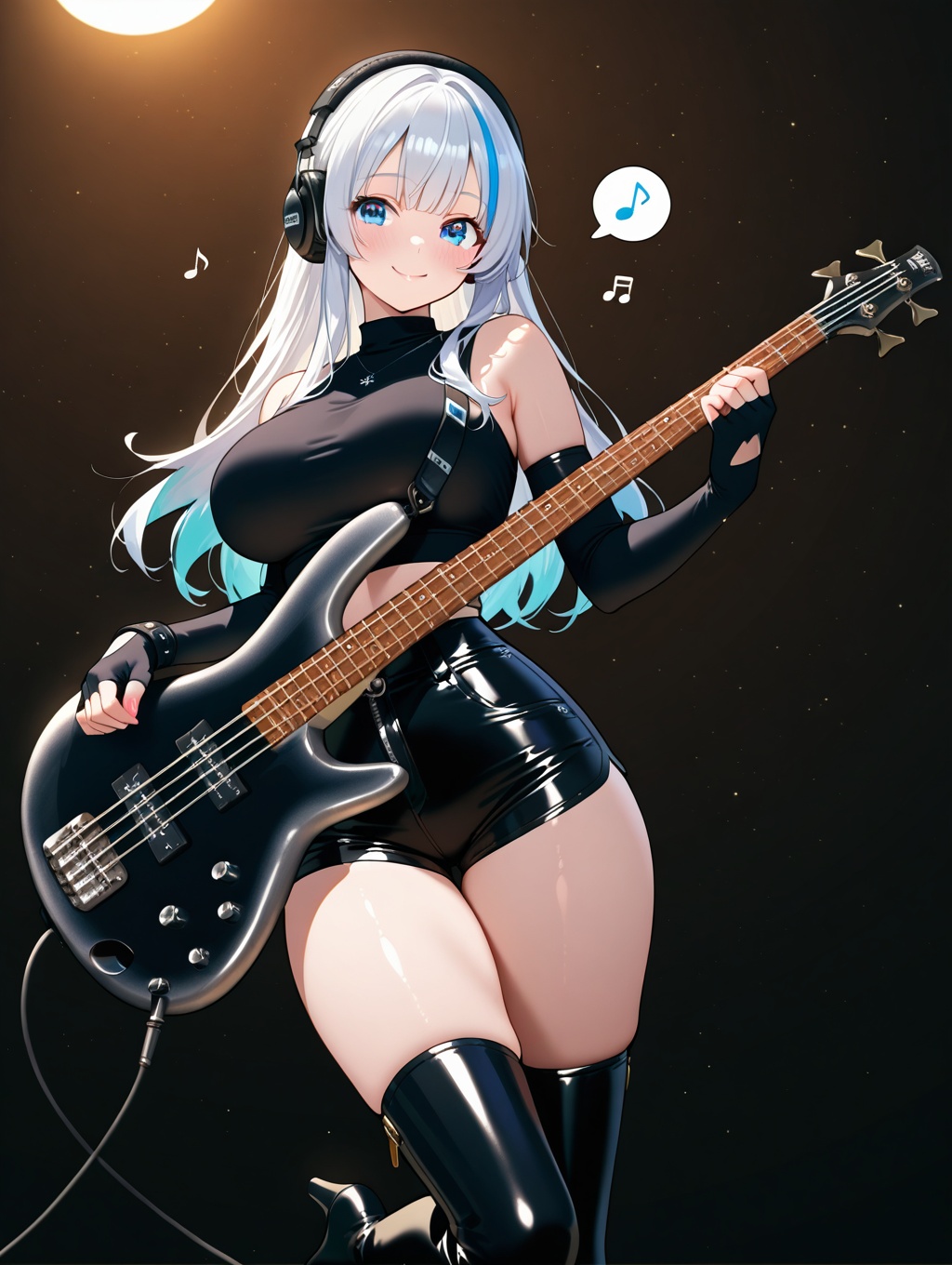 (1woman playing bass guitar),lighting strom,big breasts,smile,beautiful eyes,cool tone long hair,streaked long hair,she wear a emon \(glossy black\),sleeveless,high-neck crop top made of shiny,stretchy material that hugs her torso and highlights her slim waist. The top has a slight sheen,making it look like leather or vinyl. She's paired it with high-waisted black leather shorts that have a shiny finish and zippers on the sides,showing off her fit legs,elbow fingerless gloves,lovestruck,headphone,highheel thigh boots,musical notes,starry sky,textures,detailed texture,very detailed face,masterpiece,best quality,good quality,very awa,very aesthetic,absurdres,newest,<lora:SR300E X20A10:1>,