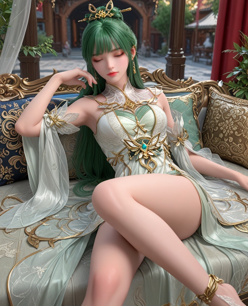 (oriental architecture, elegant decor, sophisticated style:1.1),sleeping,(breasts:1.2),<lora:XL完美世界天人族姐妹花P2:0.9>,younger sister,white dress,bare shoulders,green hair,hair ornament,anklet,bangs,hair bun,, zPDXL2, score_9, score_8_up, score_7_up BREAK realistic, masterpiece,best quality, highly detailed,, zPDXL3, zPDXL2,zPDXL, zPDXLxxx, zPDXLrl,