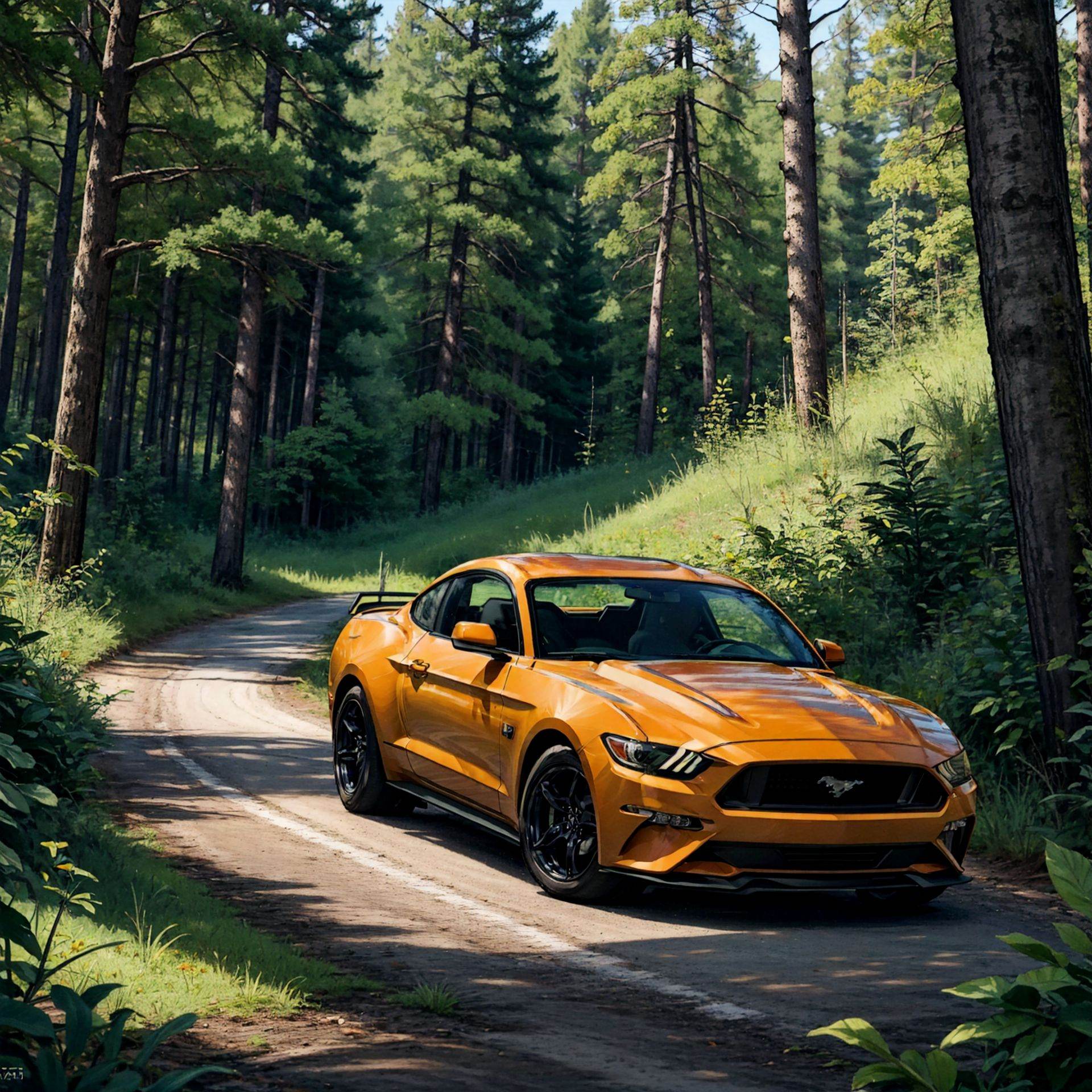 ford mustang,  in the forest on Tensor.Art