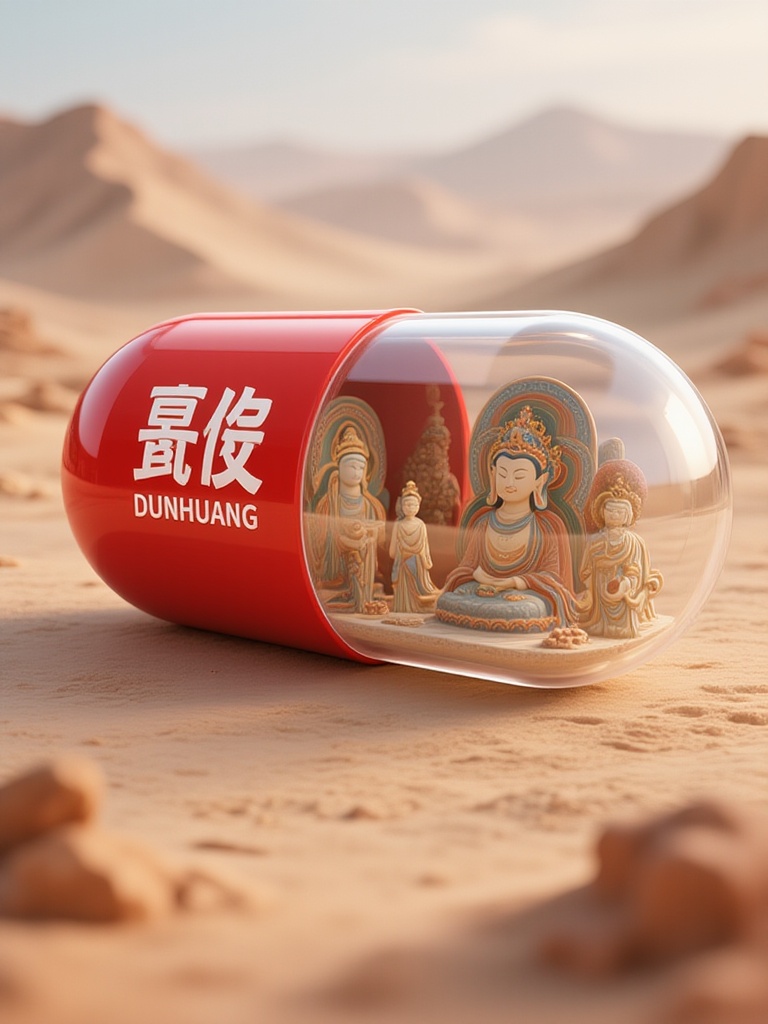 a red capsule with white Chinese characters and the word "DUNHUANG" in white on the front. Inside the capsule is a detailed, colorful miniature sculpture of the famous Buddhist cave paintings from the Mogao Caves in Dunhuang, China. The sculpture includes figures of Buddhist monks and deities in intricate, traditional attire, set against a textured, sandy background that mimics the desert landscape of Dunhuang. The capsule rests on a similarly textured surface, enhancing the desert theme. The image captures a blend of modern and ancient cultural elements in a visually striking manner.<lora:S-T-胶囊城市丨城市地标-S1.6:1>