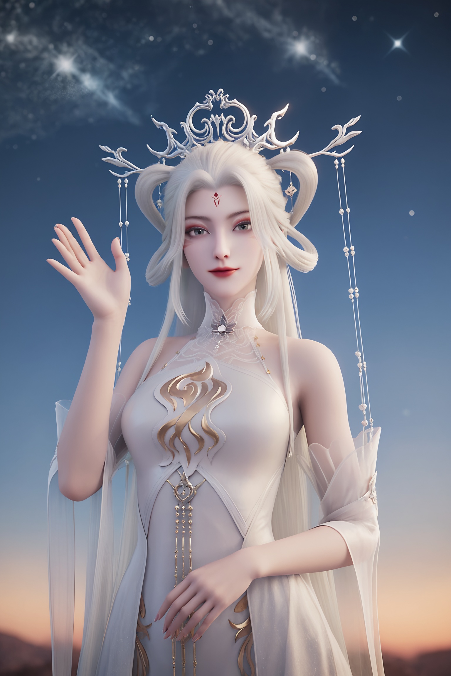 (arms_up:1.1),(waving:1.1),1girl,solo,gaden,the background is full of flowers,starry Nebula,beautiful detailed sky,looking at viewer,hand up,1girl,pale skin<lora:诛仙3-小白Pony:0.7>,1girl,long,flowing white hair,ornate crown,pale skin,form-fitting,white,sleeveless dress with intricate gold designs,high collar,