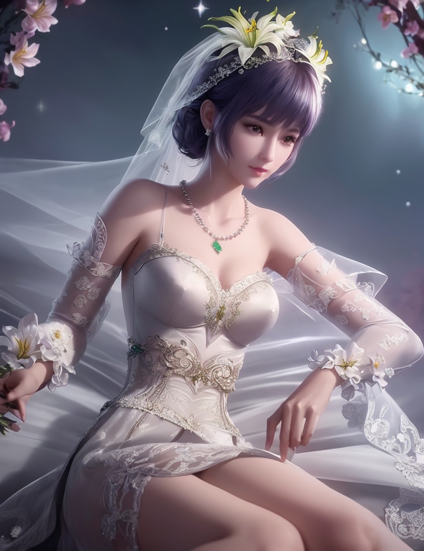 ultra realistic 8k cg, picture-perfect face, flawless, clean, masterpiece, professional artwork, famous artwork, cinematic lighting, cinematic bloom, perfect face, beautiful face, fantasy, dreamlike, unreal, science fiction,   lace, lace trim, lace-trimmed legwear,  (rich:1.4), prestige, luxury, jewelry, diamond, gold, pearl, gem, sapphire, ruby, emerald, intricate detail, delicate pattern, charming, alluring, seductive, erotic, enchanting, hair ornament, necklace, earrings, bracelet, armlet,halo((,1girl, pov,))  ((, 1girl, solo, star_\(symbol\),lily \(flower\),hair flower, wedding dress, jewelry))<lora:DA_BaiChenXiang:0.6>