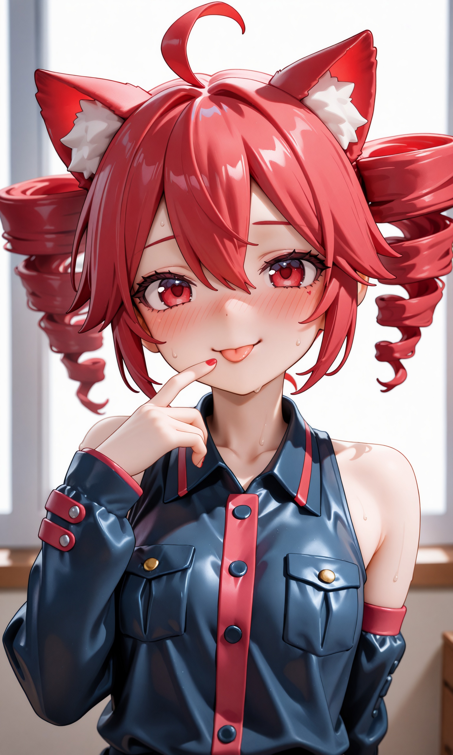 by galawave,kasane teto,1girl,solo,looking at viewer,blush,smile,short hair,shirt,long sleeves,red eyes,animal ears,hair between eyes,bare shoulders,collarbone,upper body,ahoge,heart,sweat,red hair,detached sleeves,sleeveless,collared shirt,tongue,indoors,hand up,cat ears,tongue out,animal ear fluff,black shirt,sleeveless shirt,window,buttons,nose blush,drill hair,twin drills,:p,finger to mouth,backlighting,, ,masterpiece, best quality,  absurdres, newest,  very aesthetic, amazing quality,highres,sensitive,  highres, ultra detailed, best anatomy, HDR, 8K, high detail RAW color art, high contrast, large pupil,