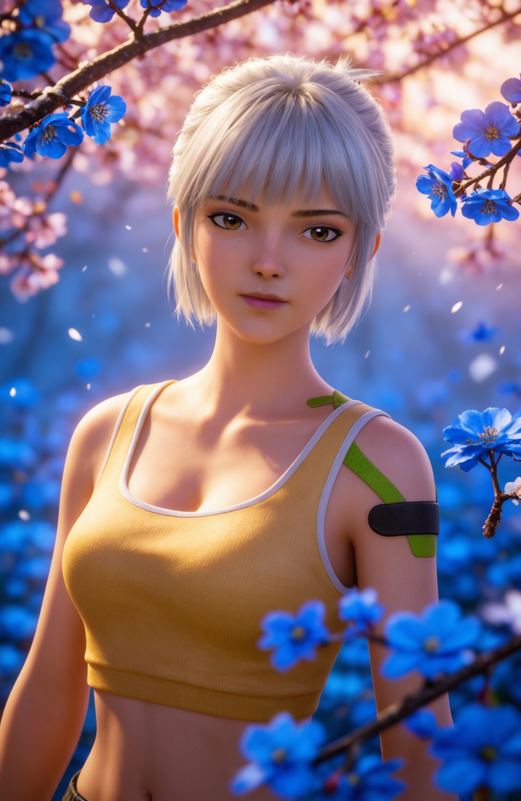 <lora:灵笼-白月魁-休闲Pony:0.7> 1girl, short hair, brown eyes,white hair, lips,yellow **** top,  cleavage, crop top, midriff,  tattoo, navel,, realistic style photo,outstanding style,Use soft lighting to cast gentle shadows on the subject,adding a touch of dimension to your images without compromising details,whirls of vapor,(Anime:1.1),soft neon light,ethereal ambiance,delicate details,magical atmosphere,concept art,highly detailed,ultra-high resolution,32K UHD,sharp focus,best-quality,masterpiece,golden hour,unconventional supreme masterpiece,masterful details,temperate atmosphere,with a high-end texture,in the style of fashion photography,magazine style,Dynamic Angle,Dynamic posture,magazine style,Dynamic Angle,Dynamic posture,(cowboy_shot:1.2),eye trail,depth of field,cinematic lighting,lens flare,close-up,extreme aesthetic,(wlop:0.6),(honjou raita,lack,rella,wanke:0.5),masterpiece,best quality,good quality,newest,year 2025,very aesthetic,absurdres,Visual impact,A shot with tension,ultra-high resolution,32K UHD,sharp focus,best-quality,masterpiece,Emotionalization,unconventional supreme masterpiece,masterful details,temperate atmosphere,with a high-end texture,in the style of fashion photography,(Visual impact:1.2),giving the poster a dynamic and visually striking appearance,, solo,  upper body, blue flower, looking at viewer, snowflakes, closed mouth, branch,