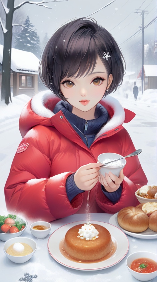 (best quality), ((masterpiece)), (highres), illustration, original, extremely detailed,<lora:DDCXL:0.7> 1girl, black hair, short hair, food, snow, solo, looking at viewer, dog