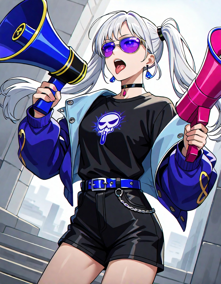 1girl, megaphone, solo, tongue, holding megaphone, sunglasses, jewelry, twintails, open mouth, earrings, tongue out, tinted eyewear, white hair, long hair, black shirt, holding, purple-tinted eyewear, shorts, choker, jacket, black shorts, long sleeves, shirt, belt, blue-tinted eyewear