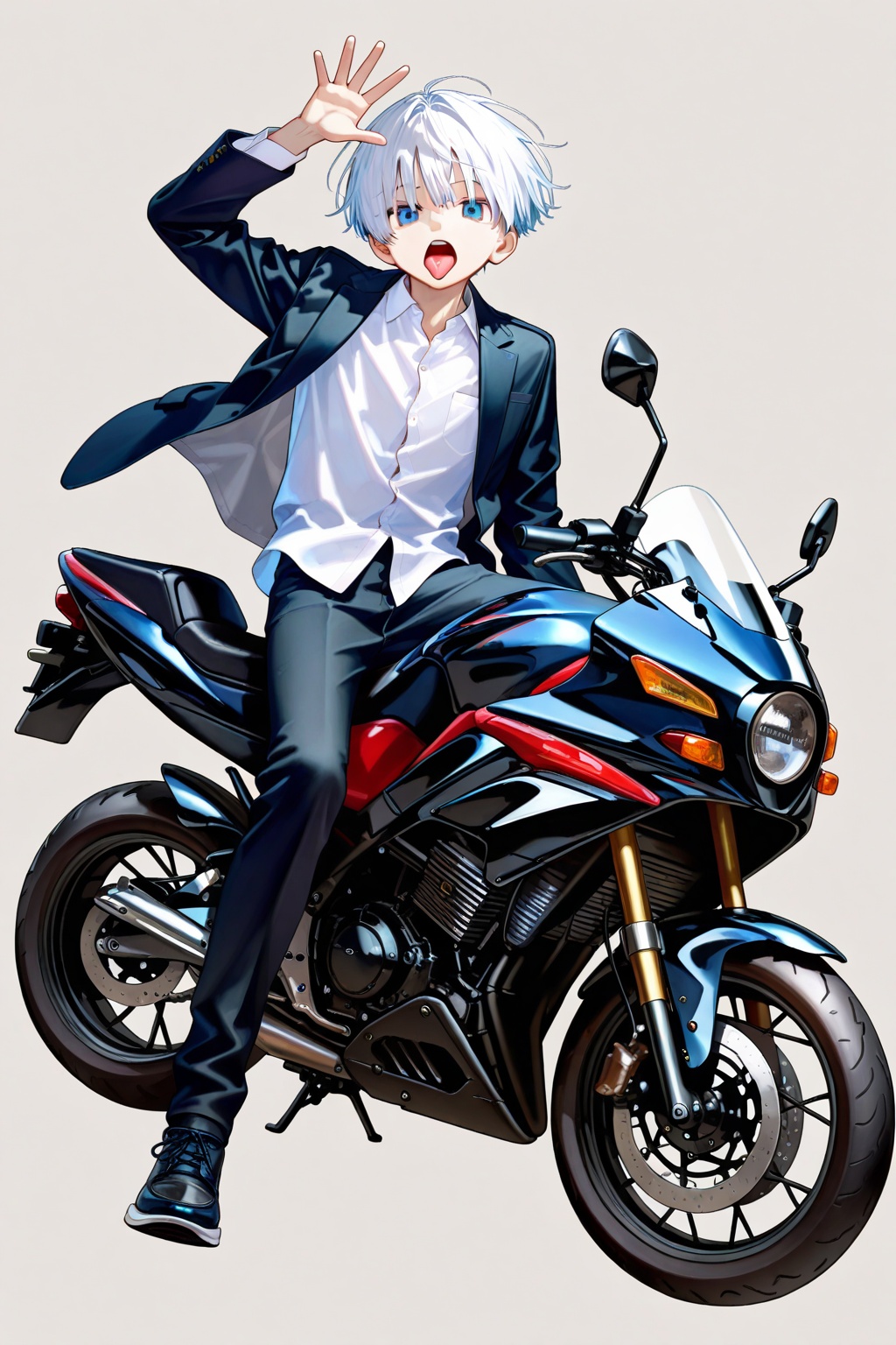 1boy,solo,grey background,simple background,full body,looking at viewer,arm up,hand up,sitting,open mouth,tongue,tongue out,blue eyes,white hair,short hair,black pants,pants,shirt,jacket,black jacket,white shirt,shoes,collared shirt,dress shirt,long sleeves,motorcycle,