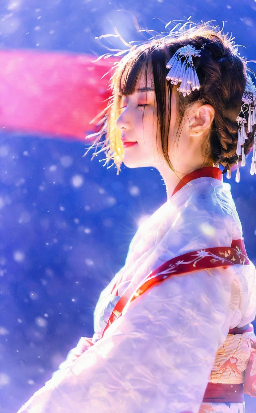 mugglelight, there is an asian woman in a kimono with a red sash, 1girl, solo, closed eyes, japanese clothes, kimono, black hair, upper body, ribbon, hair ribbon, hair ornament, bangs, white kimono, from side, blurry, closed mouth, sash, short hair, eyelashes,
