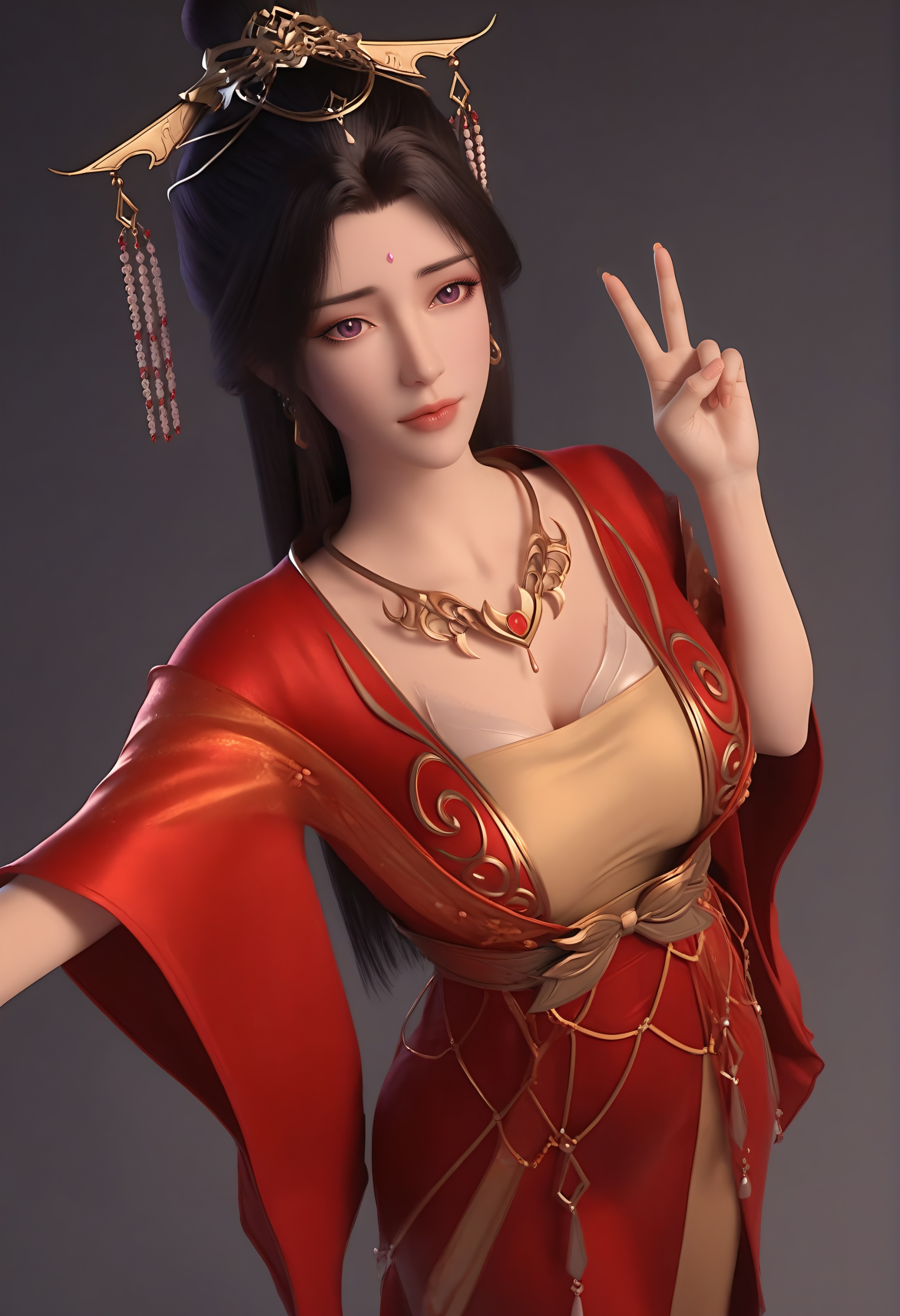 (score_9),<lora:红月婵-apony-000008:0.83>,yuechanm,1girl,solo,hair ornament,jewelry,long hair,forehead jewel,earrings,tiara,necklace,hair bun,black hair,purple eyes,red dress,shoulder ribbon,belt,long dress,cleavage,(glamor),curvy,mature_female,collarbone,pointy breasts,puffy breasts,(large teardrop breasts),teardrop breasts,BREAK<lora:Expressive_H-000001:0.8>,light blush,Expressiveh,looking at viewer,dutch angle,dynamic_angle,from above,selfie,v sign,closed mouth,<lora:e肤色滑块:0.35>,fair_skin,((pale skin)),(white_skin),ultra-detailed skin texture,detailed textures,<lora:皮肤凹痕:1.2>,BREAK<lora:e色温:-0.35>,simple background,grey background,Tyndall effect,available light,depth of field,lens_flare,4K ultra HD,sharp focus,high detail,high contrast,