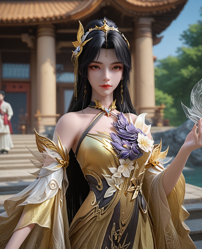 (oriental architecture, elegant decor, sophisticated style:1.1),high five,(breasts:1.2),<lora:XL16完美世界王曦:0.95>,miss wangxi,yellow high-slit mermaid gown,brown eyes,mole under right eye,black hair,traditional chinese updo with long cascading hair,hair ornament,jewelry,wide flowing sleeves,, zPDXL2, score_9, score_8_up, score_7_up BREAK realistic, masterpiece,best quality, highly detailed,, zPDXL3, zPDXL2,zPDXL, zPDXLxxx, zPDXLrl,