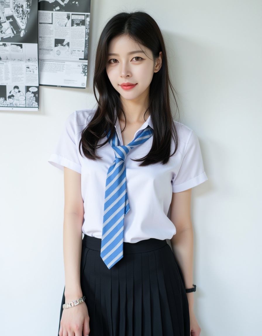 This is a real high-definition photo,In the picture,there is a woman wearing a white short-sleeved shirt and a black pleated skirt,with a blue and white striped tie. She has long black hair,stand facing the camera,and her eyes are looking at the camera. She appears to be around 20 years old,slim,and her expression is calm. Her outfit consists of a white short-sleeved shirt,a blue and white striped tie,and a black pleated skirt. Her hair is flowing freely without bangs. The background is a white wall,hanging some black and white comics,neomj,