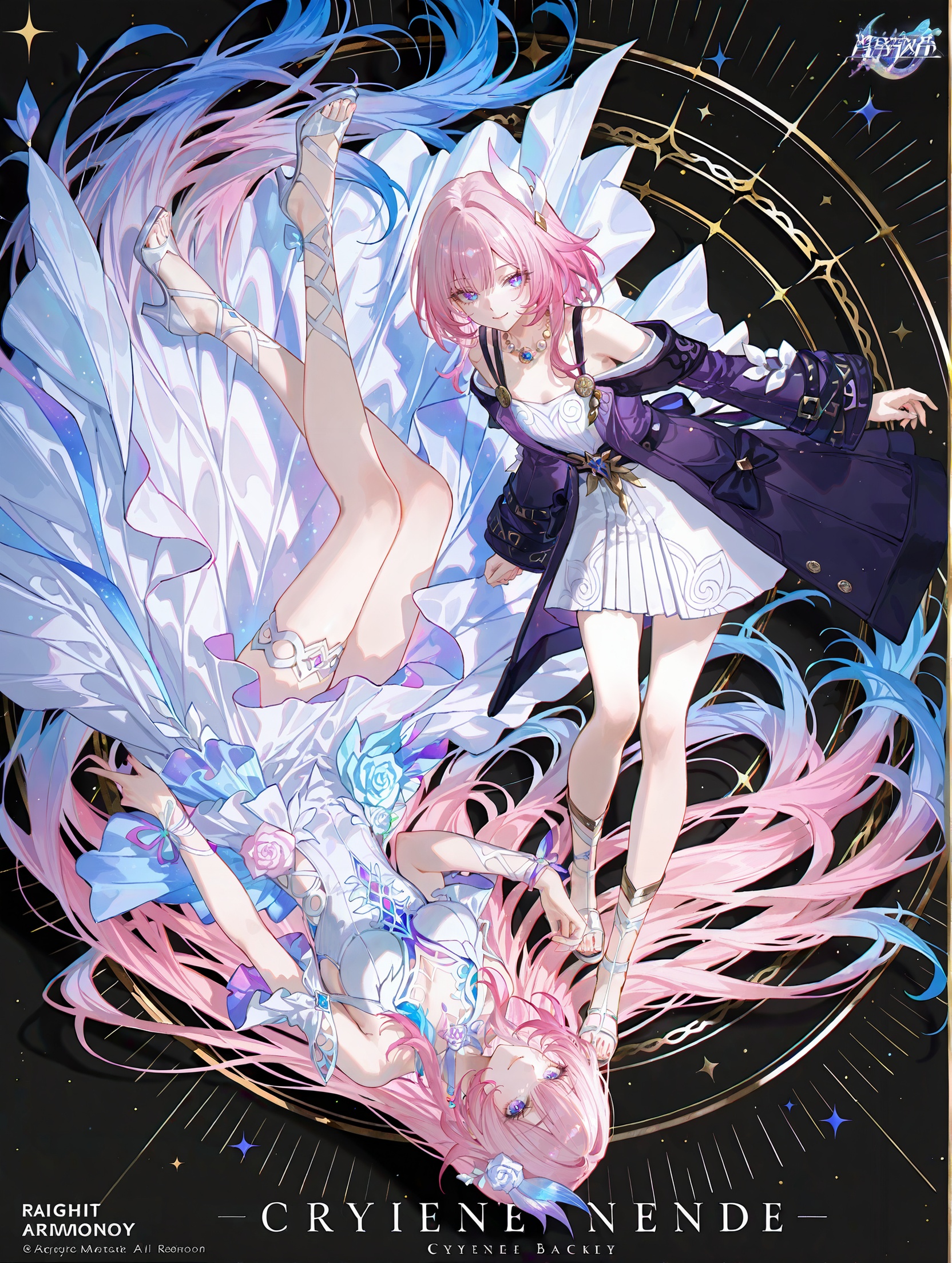 8k,best quality,masterpiece,(ultra-detailed),(high detailed skin),artist:john kafka,(artist:wanke:0.9),artist:fuzichoco,artist:quasarcake,(artist:nixeu:0.8),simple_black_background,black and white theme,Sense of coordination,sense of order,mathematics beauty,(((cover design))),(((((cover art))))),((trim)),album_art,official art,(Master's work),2girls,multiple girls,smile,full body,closed mouth,long hair,white background,looking at viewer,dual persona,upside-down,<lora:Cyrene-v2-ill-Tanger:0.8>,(2girls:1.2),height difference BREAKCyrene \(honkai: star rail\),Cyrene \(*****\),Cyrenebig,clothes: Cyrenebig white-and-purple dress,Cyrenebig hair ornament,1girl,pink hair,long hair,bangs,purple eyes,breasts,white footwear,bare shoulders,Cyrenebig bridal garter BREAKCyrene \(13 years old\),Cyrenesmall,clothes: Cyrenesmall purple and white dress,single side Cyrenesmall hair ornament,1girl,pink hair,sandals,coat,blue eyes,bangs,jewelry,long sleeves,small breasts BREAK