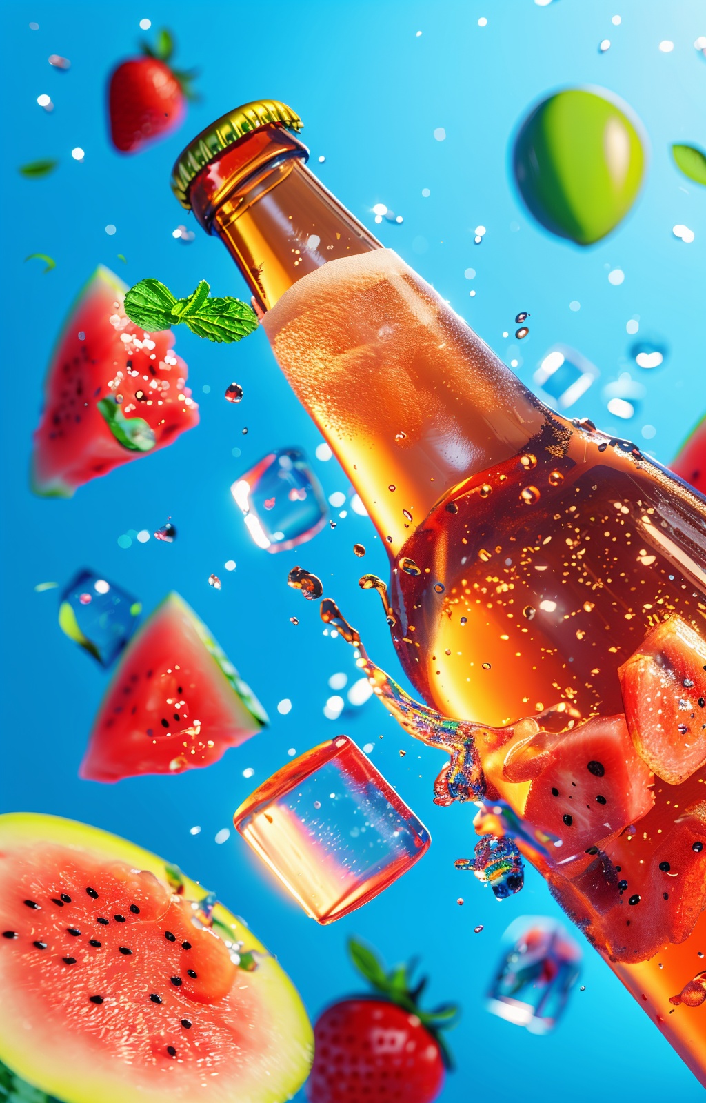 pijiuzz,no humans,beer bottle,depth of field,watermelon,ice,water droplets,ice cubes,and watermelon slices collide around the product against a blue background,and juice surrounds the fruity beer bottle,with a high sense of realism and meticulous style,and bright colors,<lora:pijiupz:1>,