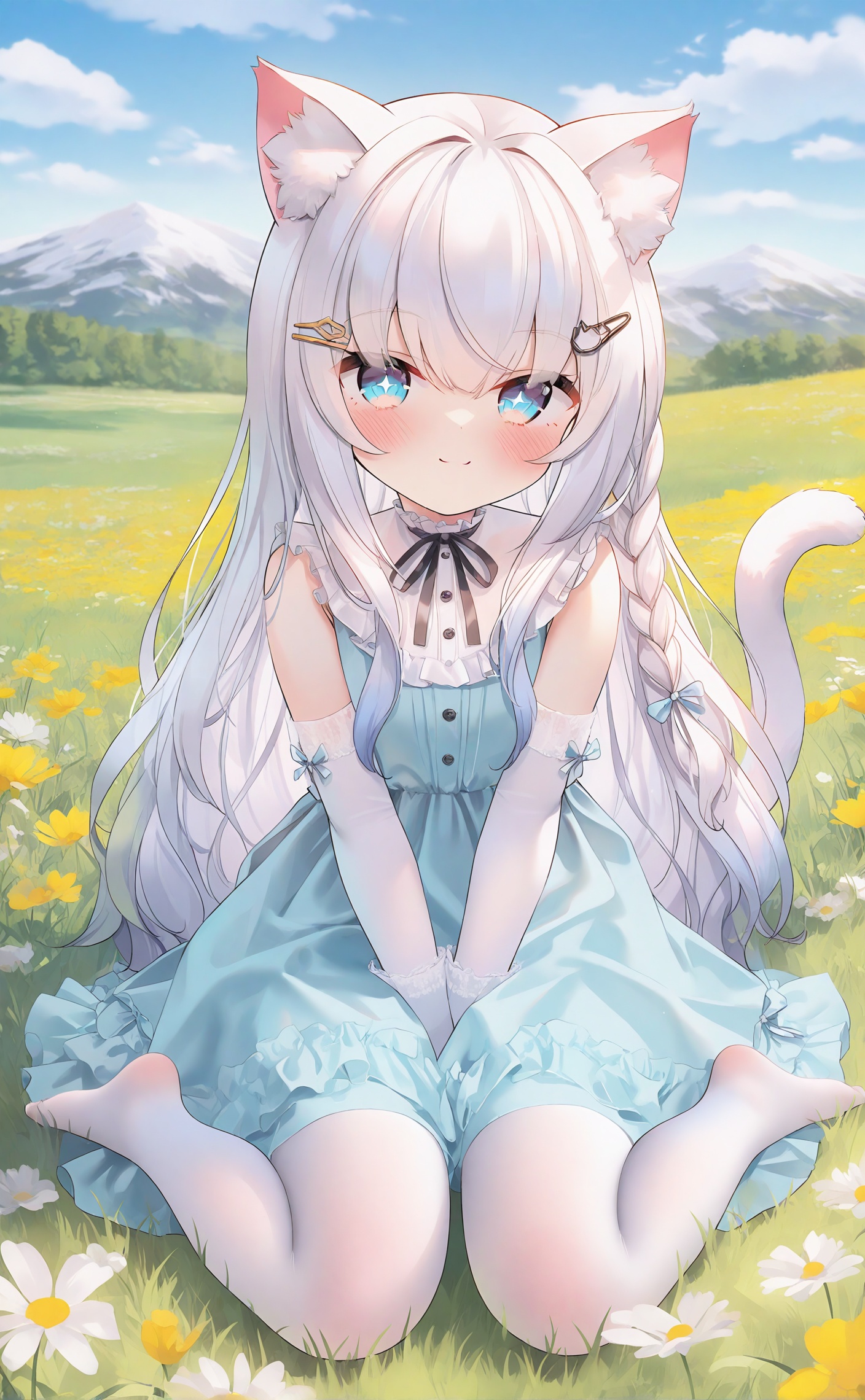 best, 1girl, white pantyhose, cat ears, animal ears, outdoors, sitting, gloves, dress, cat girl, solo, tail, cat tail, pantyhose, blue eyes, white hair, flower, animal ear fluff, white gloves, blue dress, long hair, wariza, elbow gloves, braid, sleeveless, looking at viewer, no shoes, field, sky, day, smile, ribbon, sleeveless dress, blush, grass, hair ornament, hairclip, on grass, flower field, yellow flower, cat hair ornament, cloud, closed mouth, between legs, black ribbon, hand between legs, neck ribbon, frills, full body, white flower, blue sky, side braid, +_+, very long hair, frilled dress, hair bow, bow, mountain, single braid, hair between eyes, feet <lora:Nai4 gzc_mix-000055:1>