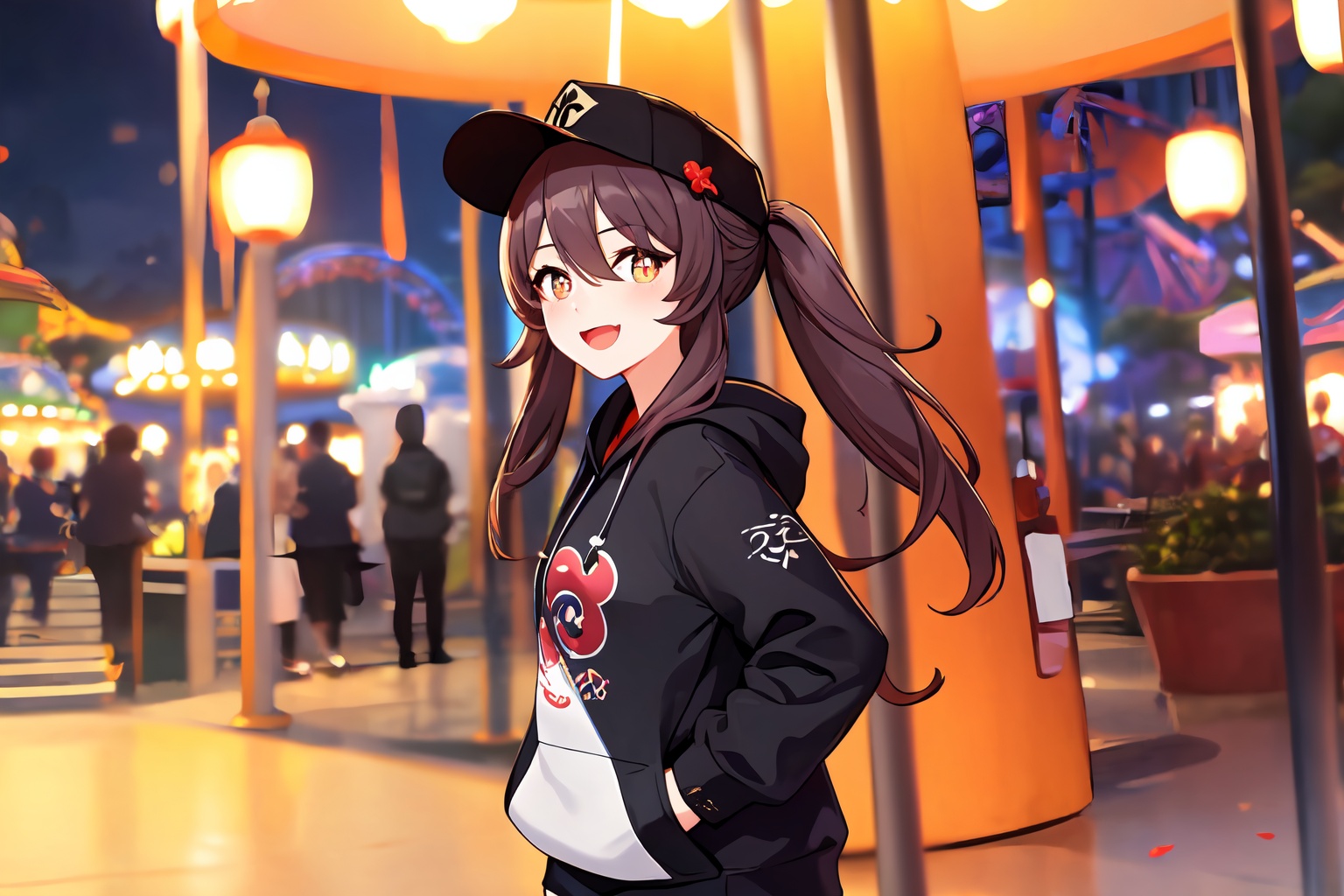 masterpiece,best quality,hu tao,1girl,(solo:1.1),<lora:hutao-000009:0.6>,(hoodie:1.2),looking at viewer,blush,smile,open mouth,playground,carousel,ferris wheel,fountain,from side,landscape,blurry background,hand in pocket,black short shorts,standing,upper body,(plum-shaped pupils:1.2),