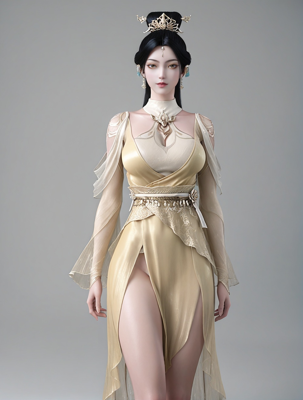 fair_skin,white_skin,Ivory_skin,score_9,<lora:SF_CaiJinJian_Pony_XXM-000004:0.7>,yellow dress,hair ornament,black hair,1girl,breasts,large breasts,standing,solo,looking at viewer,simple background,cowboy_shot,