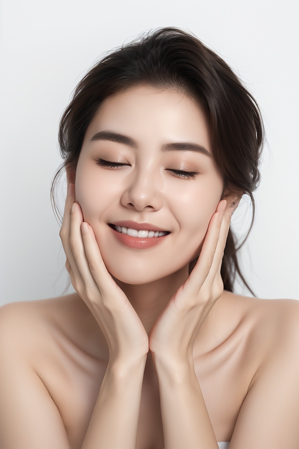 1girl, solo, smile, black hair, closed mouth, Portrait, bare shoulders, Front, Smile, realistic, hands on own face, white background <lora:07:0.6>