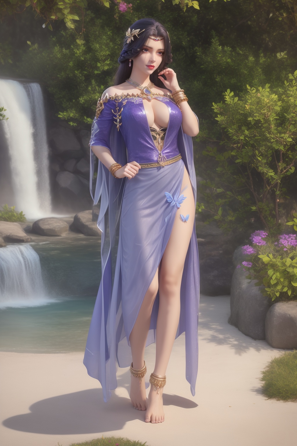 ultra realistic 8k cg,flawless,clean,masterpiece,professional artwork,famous artwork,perfect face,beautiful face,best quality,full_shot,absurdres,shenfengXiaoYunXi,1girl,solo,dress,cape,circlet,halterneck,standing,purple eyes,purple hair,shiny,torogao,smile,makeup,red lips,breasts,large breasts,jewelry,earrings,hair ornament,(outdoors:1.4),water,waterfall,butterfly,flower,braid,long hair,realistic,looking at viewer,barefoot,anklet,barefoot sandals,<lora:shenfengXiaoYunXi_20240106234614-000004:0.7>,