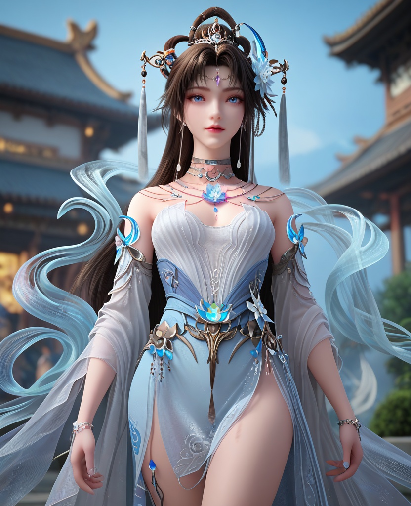 (oriental architecture, elegant decor, sophisticated style:1.1),walking with a oversized tiger,(breasts:1.2),<lora:XL16完美世界邀月公主:0.95>,princess yaoyue,white corset mermaid gown with front thigh-high slit,blue eyes,black hair,draped looped buns with long cascading hair,very long hair,crescent crystal ornament,hair ornament,jewelry,hagoromo,wide flowing sleeves,, zPDXL2, score_9, score_8_up, score_7_up BREAK realistic, masterpiece,best quality, highly detailed,, zPDXL3, zPDXL2,zPDXL, zPDXLxxx, zPDXLrl,