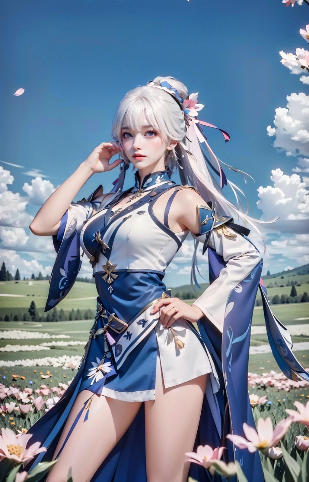 a woman in a costume standing in a field of flowers with her hands on her hips and her hair blowing in the wind,Du Qiong,final fantasy,a character portrait,fantasy art,absurdres,highres,wallpaper,colorful,thick eyebrows,pupils,bright_pupils,makeup,eyeshadow,lipstick,long_eyelashes,mascara,face_focus,eyes_focus,front view,looking_at_viewer,<lora:王者荣耀-杨玉环:0.9>,white hair,