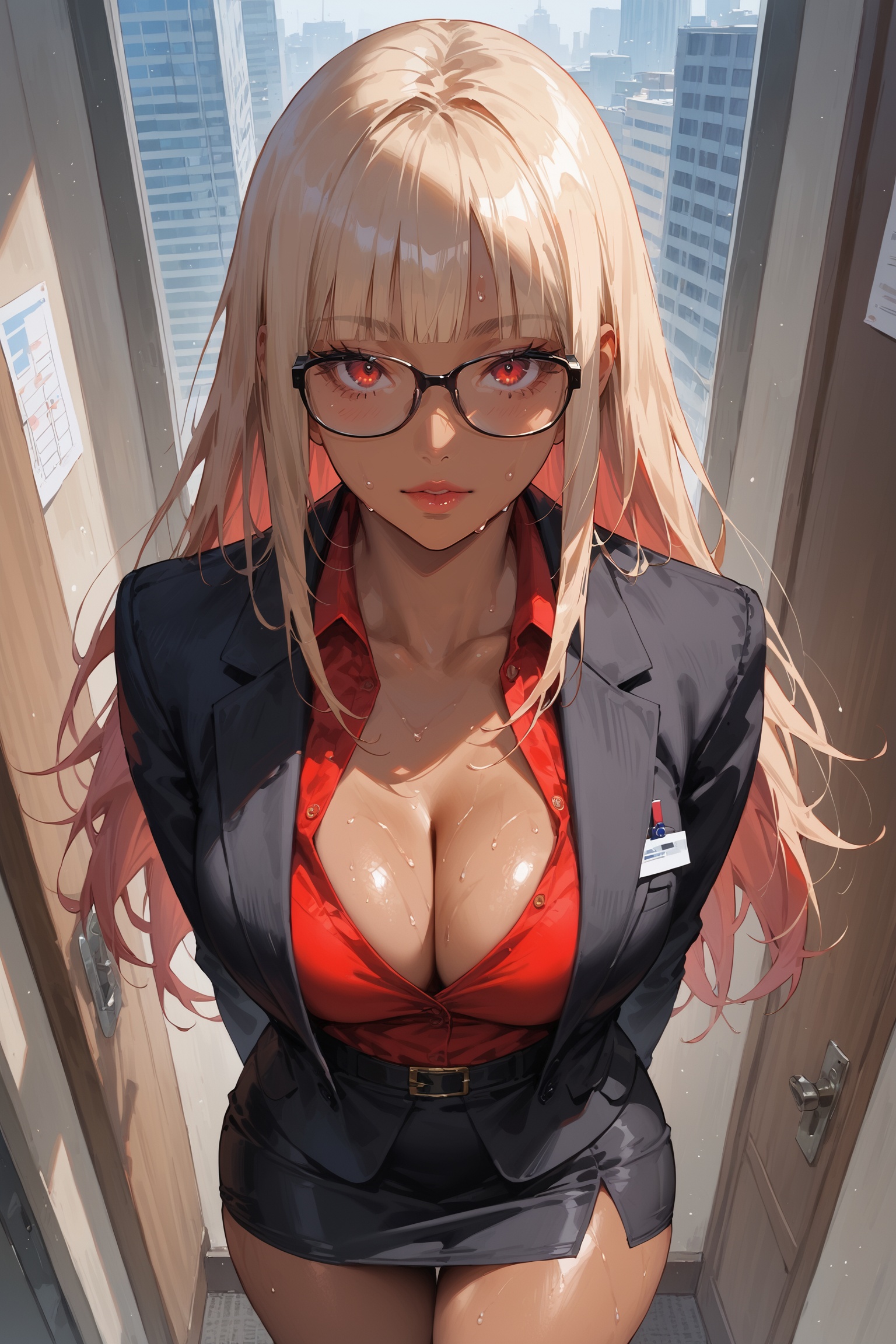 score_9, score_8_up, score_7_up, masterpiece, best quality, absurdres, very aesthetic, source_anime, detailed illustration, 8k UHD, (detailed background:1.1), from above, office lady, 1girl, solo, looking at viewer, ((tan skin)), blond hair, long hair, hime_cut, red eyes, thighs, thick thighs, ((hands behind her back:1.1)), sweat, cleavage, voloptuous, curvy body, glasses, black jacket, red shirt, standing, black pencil skirt, portrait, cowboy shot, indoors, daylight