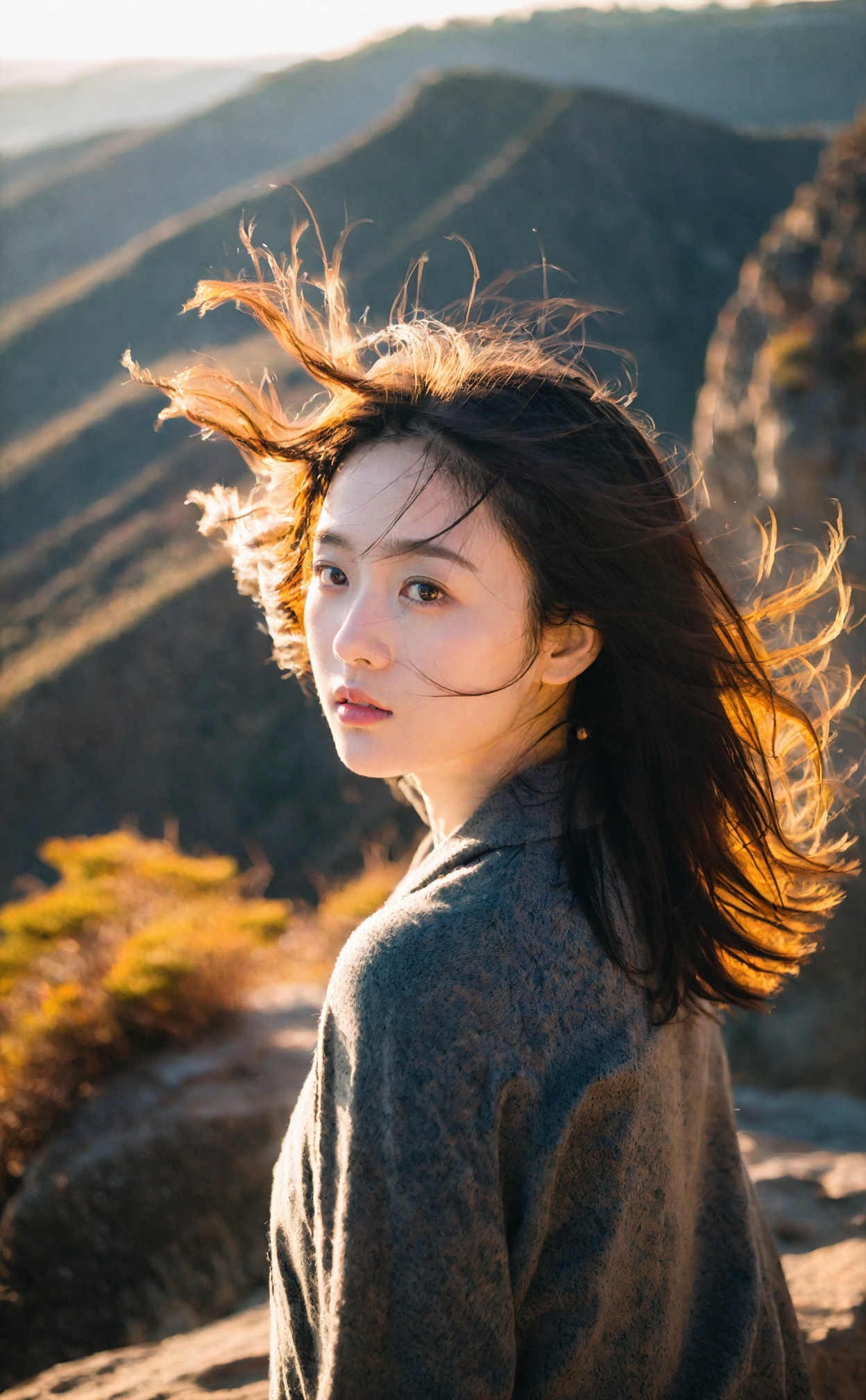 mugglelight,a young woman with windswept hair,standing on a cliff at sunrise,backlit by the morning sun,dramatic shadows,serene expression,breathtaking scenery.,korean girl,black hair,