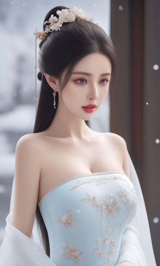 1girl,upper_body,hanfu,medium breasts,Nice clothes,strapless clothes,hanfu,in the outdoor,the snow is falling,silver-white clothes,enjoy the snow,sideways,<lora:shou-v50:0.7>,<lora:daqipiaoyihanfu:0.5>,<lora:babi:0.7>,, (8k, RAW photo, best quality, masterpiece:1.2),(realistic, photo-realistic:1.3), ultra-detailed, extremely detailed cg 8k wallpaper,(crystalstexture skin:1.2), (extremely delicate and beautiful), (perfect hands, perfect anatomy:1.2),
