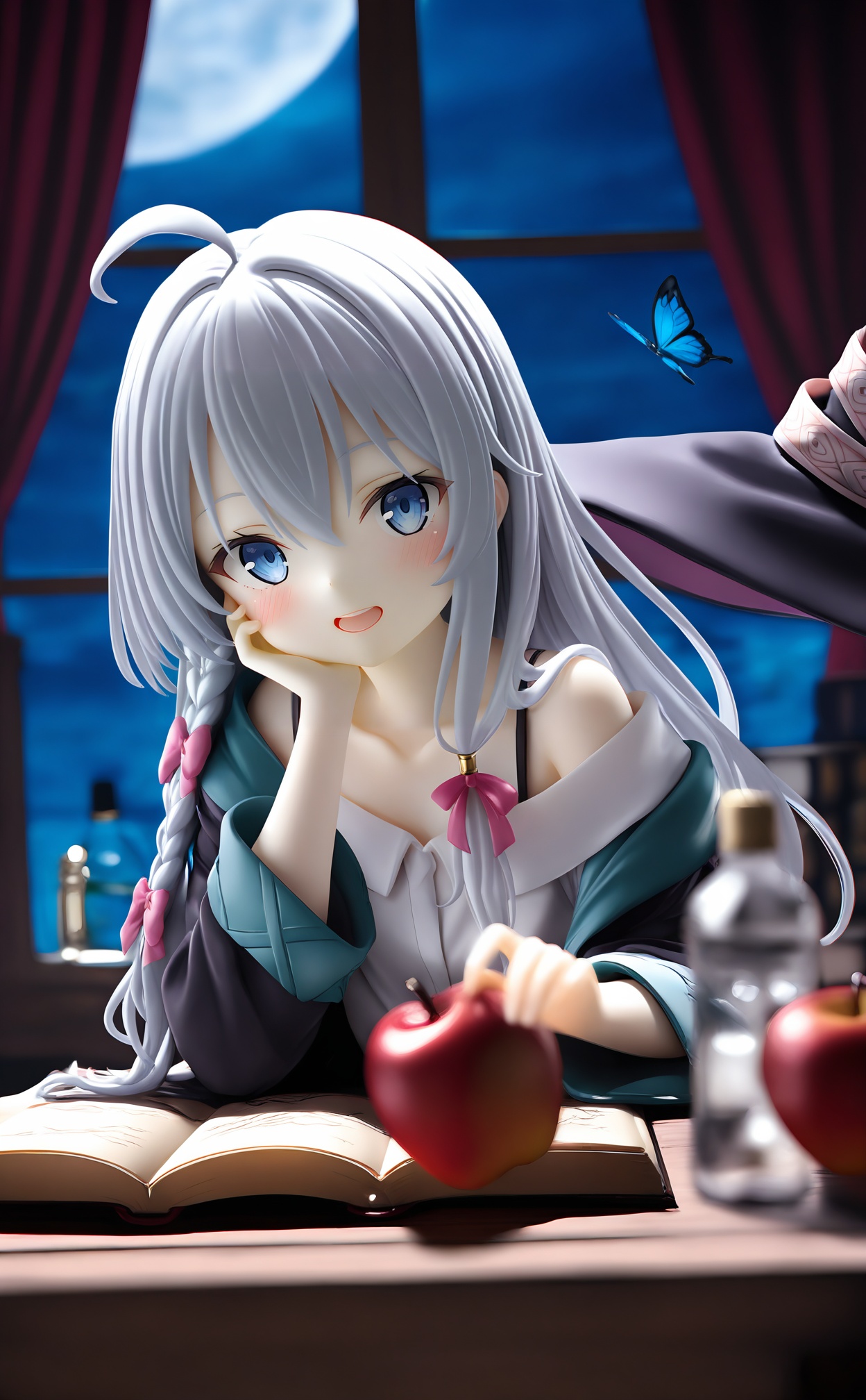 masterpiece,absurdres,best quality,loli,petite,high quality,chromatic_aberration,//,1girl, fruit, food, apple, long hair, elaina (majo no tabitabi), blue eyes, solo, hat, bug, witch hat, book, ahoge, braid, butterfly, open mouth, bottle, off shoulder, looking at viewer, smile, window, table, hair between eyes, blush, collarbone, black headwear, hair bow, curtains, hexagram, ribbon, unworn headwear, indoors, witch, bow, shirt, bare shoulders, blue butterfly, white hair, unworn hat, pentagram, teeth, underwear, long sleeves, hand on own face, night, hand on own cheek, blurry foreground, pink bow, grey hair, jewelry, single braid, blurry, upper body, bra strap, off-shoulder shirt, head rest, elbows on table//,<lora:PVC7——【noob】hans:1>,