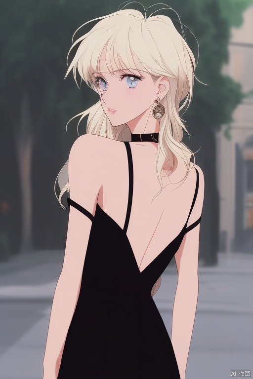 mnmhf,1girl, blonde hair, jewelry, earrings, dress, blue eyes, choker, looking at viewer, solo focus, looking back, bare shoulders, upper body, from behind, solo, blurry, blurry background, off shoulder<lora:EMS-344925-EMS:0.800000>