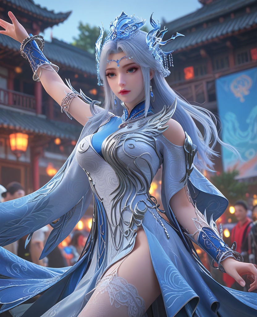 (oriental architecture, elegant decor, sophisticated style:1.1),(raver,dancing,rave,wearing fiber optic led dress,EDM festival:1.1),(breasts:1.2),<lora:XL百炼成神宁雨蝶大奶宗主:0.95>,miss ningyudie,white dress,blue eyes,eyelashes,mole under right eye,white hair,long hair,hair ornament,sidelocks,earrings,bracer,shawl sleeves,pelvic curtain,lace stockings,, zPDXL2, score_9, score_8_up, score_7_up BREAK realistic, masterpiece,best quality, highly detailed,, zPDXL3, zPDXL2,zPDXL, zPDXLxxx, zPDXLrl,