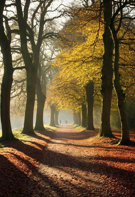 photograph, a path in the woods with leaves and the sun shining , by Julian Allen, dramatic autumn landscape, ears, park, take off, peace, rich cold moody colours, hi resolution, oaks 