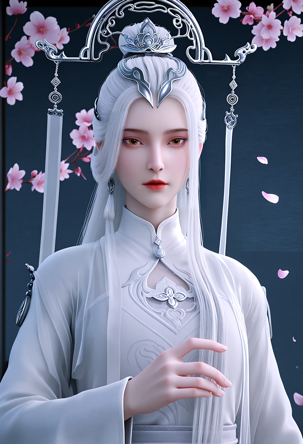 (upper_body:1.3),(looking_at_viewer:1.1),(masterpiece:1.1),(best quality:1.2),(intricate details),(smog:1.3),(Dark room:1.3),(dim lighting:1.3),peach blossom,falling petals,<lora:YQ_Illustrious光辉v5_剑妈_V1:0.8>,q1528437228,solo,1girl,white_hair,long_hair,hair_ornament,dress,jewelry,white_dress,long_sleeves,chinese_clothes,earrings,wide_sleeves,brown_eyes,sash,hair_stick,yellow_eyes,hair_bun,hanfu,robe,blue_eyes,crown,kimono,single_hair_bun,red_eyes,braid,obi,tassel,masterpiece,(best quality),(intricate details:0.9) BREAK (intricate details:0.9),(realistic skin:1.2),masterpiece,best quality,newest,absurdres,hiahres,