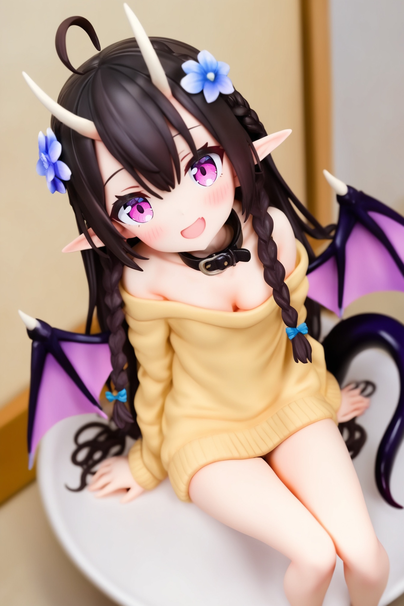 1girl,pvc figure,solo, dragon girl, (loli:1.2), dragon wings, dragon tail, collar, long hair, black hair, very long hair, pointy ears, sitting, cafe, sweater, no pants, long sleeves, cleavage, off shoulder, braid, purple eyes, horns, blush, twin braids, wings, open mouth, bare shoulders, breasts, ahoge, tail, looking at viewer, hair ornament, smile, small breasts, hair flower, flower, virtual youtuber,masterpiece, best quality, newest, recent, absurdres, sensitive