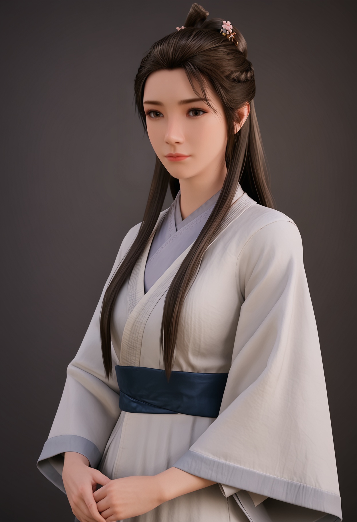 (upper_body:1.2),(looking at viewer:1.1),facing viewer,direct gaze,<lora:YQ_pony_xinruyin_V4:0.8>,q1528437228,1girl,solo,long hair,chinese clothes,hanfu,white dress,black hair,brown hair,hair ornament,brown eyes,sash,hair bun,hair flower,black eyes,braid,ponytail,forehead,jewelry,BREAK simple background,pure black background,black background,perfect anatomy,