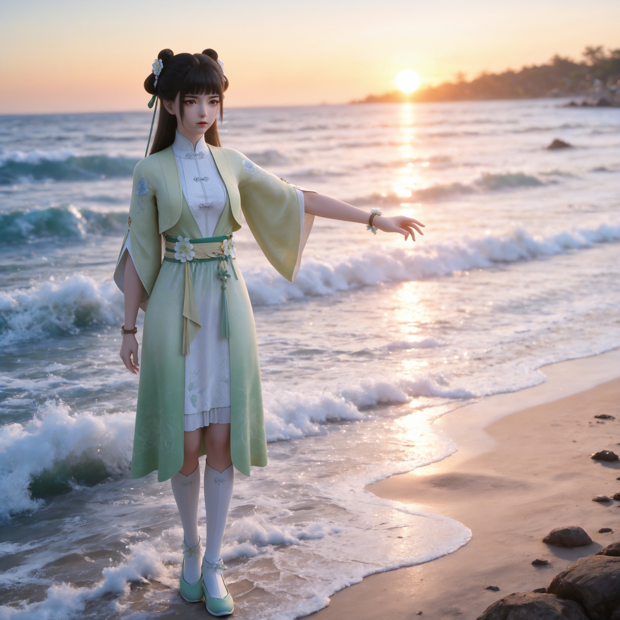 <lora:逆天邪神-萧泠汐IL:0.7> 1girl, long hair, hair bun,double bun, black hair, hair flower, hair rings, brown eyes,, chinese clothes, green dress,white dress, , bracelet, sash,white socks, green footwear,, realistic style photo,outstanding style,Use soft lighting to cast gentle shadows on the subject,adding a touch of dimension to your images without compromising details,whirls of vapor,(Anime:1.1),soft neon light,ethereal ambiance,delicate details,magical atmosphere,concept art,highly detailed,ultra-high resolution,32K UHD,sharp focus,best-quality,masterpiece,golden hour,unconventional supreme masterpiece,masterful details,temperate atmosphere,with a high-end texture,in the style of fashion photography,magazine style,Dynamic Angle,Dynamic posture,magazine style,Dynamic Angle,Dynamic posture,(cowboy_shot:1.2),eye trail,depth of field,cinematic lighting,lens flare,close-up,extreme aesthetic,(wlop:0.6),(honjou raita,lack,rella,wanke:0.5),masterpiece,best quality,good quality,newest,year 2025,very aesthetic,absurdres,Visual impact,A shot with tension,ultra-high resolution,32K UHD,sharp focus,best-quality,masterpiece,Emotionalization,unconventional supreme masterpiece,masterful details,temperate atmosphere,with a high-end texture,in the style of fashion photography,(Visual impact:1.2),giving the poster a dynamic and visually striking appearance,, standing,Seaside,beach,waves,full body,